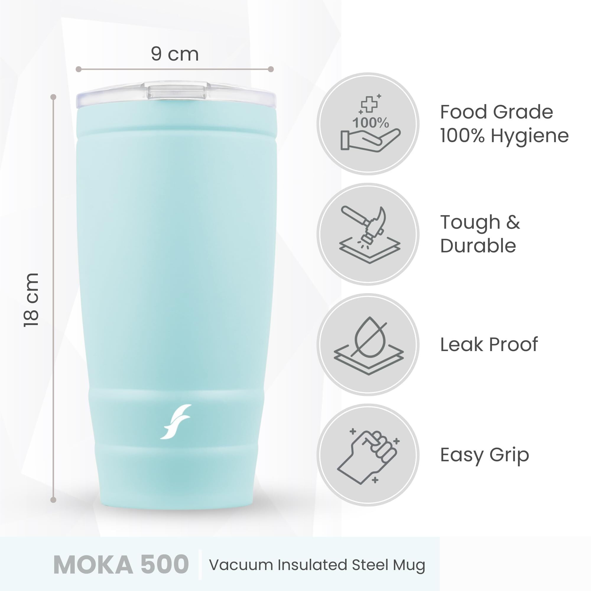 Flair Moka Vacuum Insulated Coffee Mug | 500Ml Travel Mug For Hot & Cold Beverages | 9H Hot & 15H Cold | Leakproof, Bpa-Free, Durable, Double-Walled Stainless Steel (Pastel Blue)