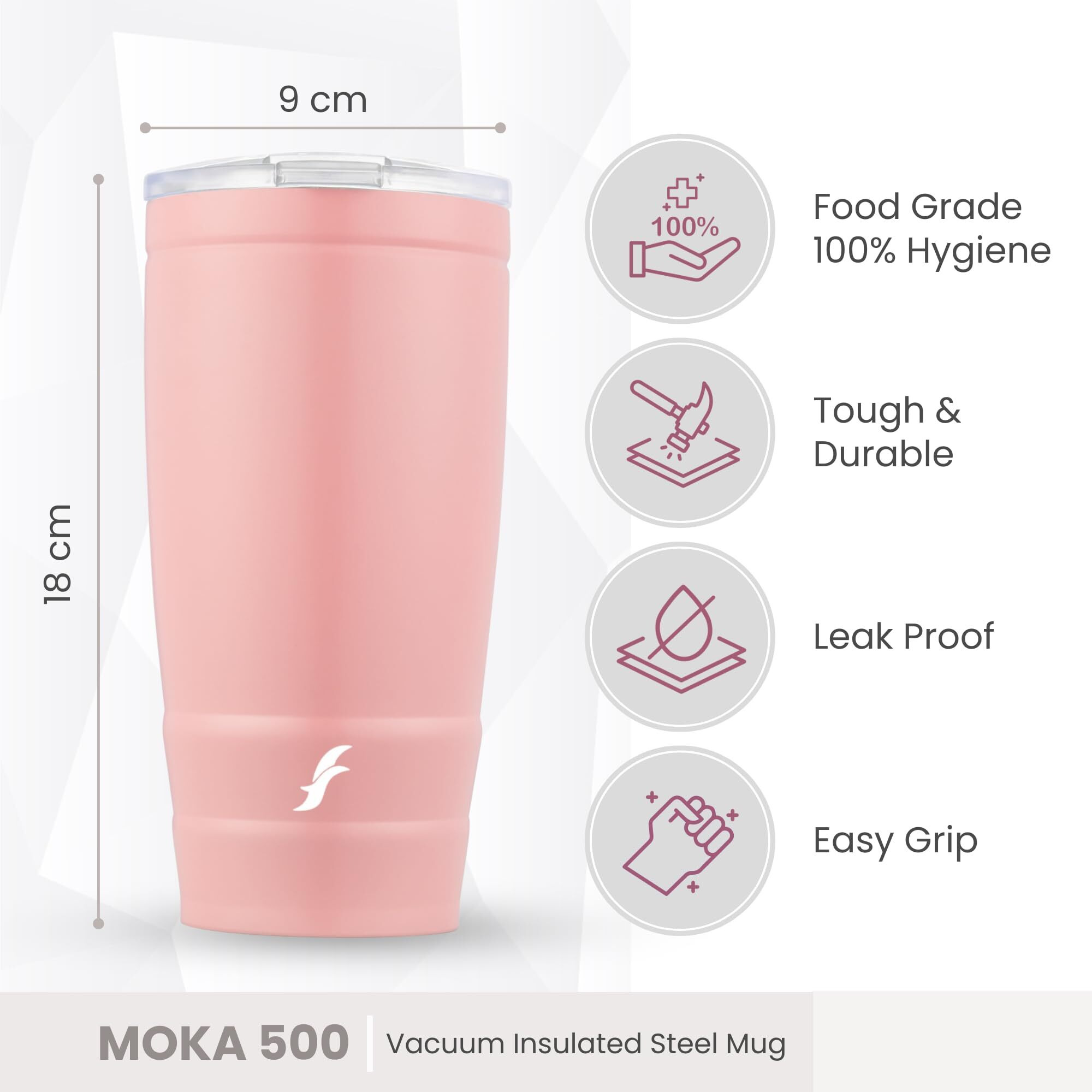 Flair Moka Vacuum Insulated Coffee Mug | 500Ml Travel Mug For Hot & Cold Beverages | 9H Hot & 15H Cold | Leakproof, Bpa-Free, Durable, Double-Walled Stainless Steel (Pastel Pink)