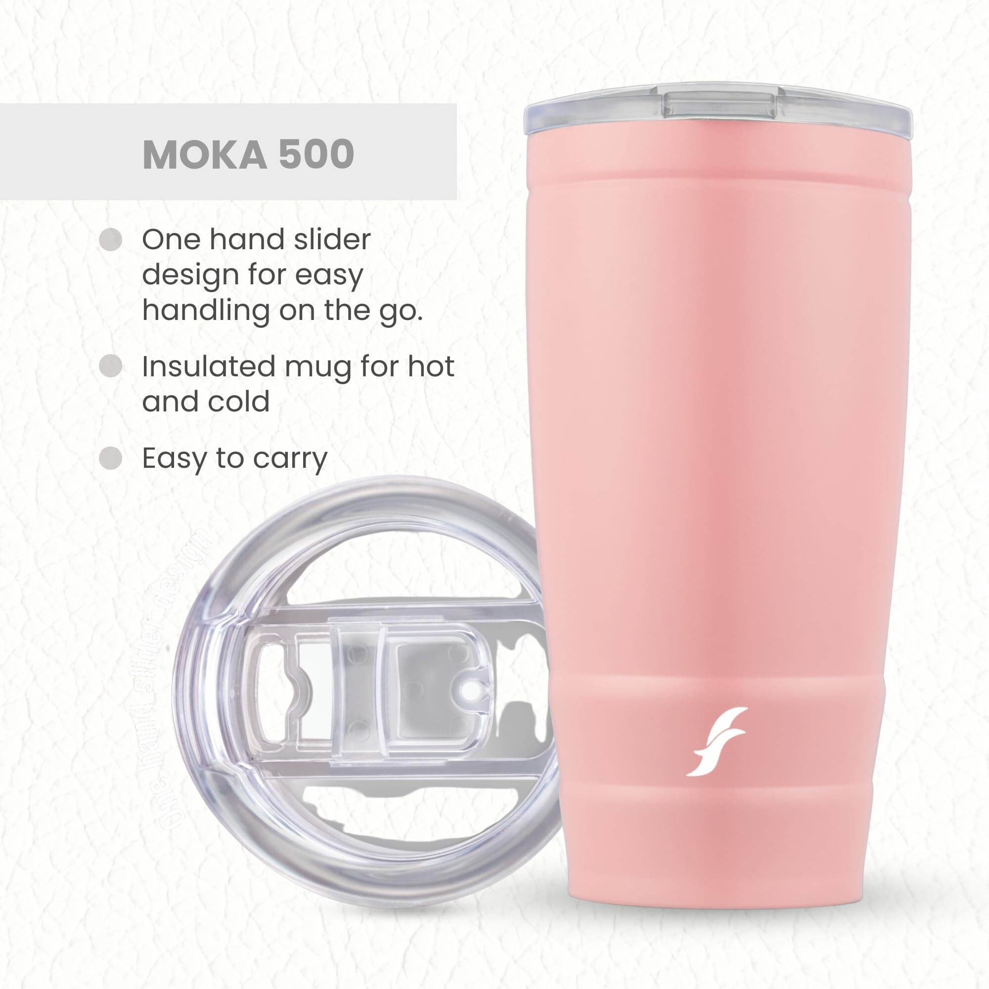 Flair Moka Vacuum Insulated Coffee Mug | 500Ml Travel Mug For Hot & Cold Beverages | 9H Hot & 15H Cold | Leakproof, Bpa-Free, Durable, Double-Walled Stainless Steel (Pastel Pink)