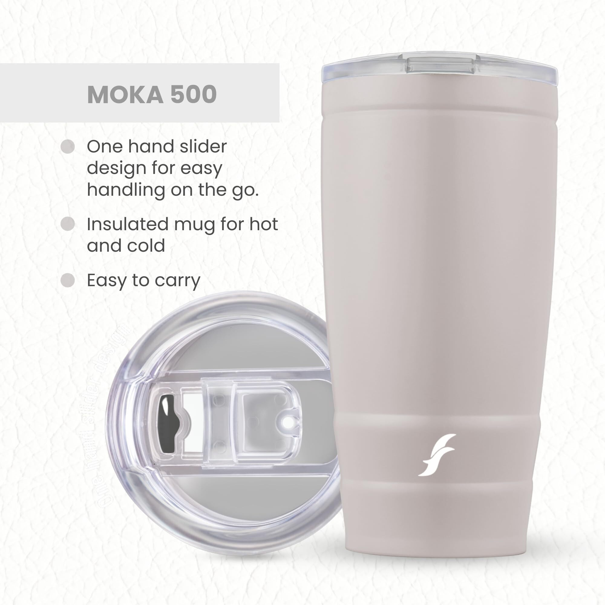 Flair Moka Vacuum Insulated Coffee Mug | 500Ml Travel Mug For Hot & Cold Beverages | 9H Hot & 15H Cold | Leakproof, Bpa-Free, Durable, Double-Walled Stainless Steel (Grey)