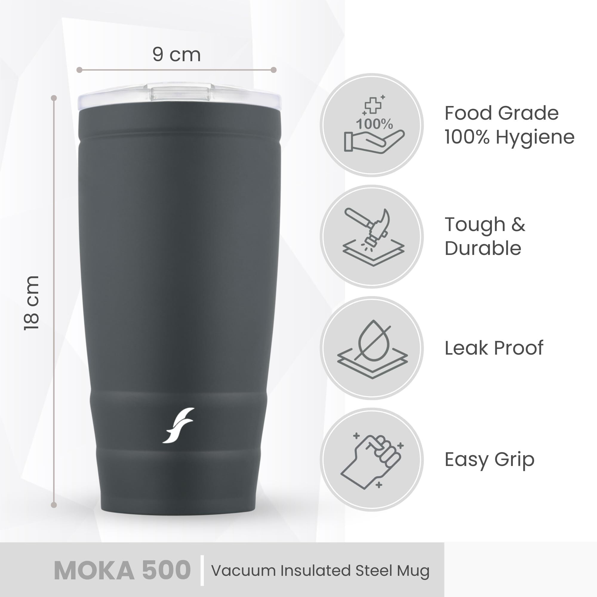 Flair Moka Vacuum Insulated Coffee Mug | 500Ml Travel Mug For Hot & Cold Beverages | 9H Hot & 15H Cold | Leakproof, Bpa-Free, Durable, Double-Walled Stainless Steel (Matt Black)