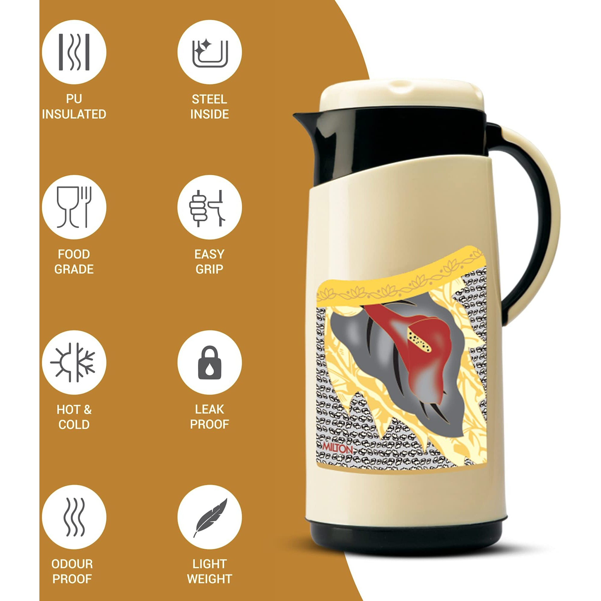 Milton Viva Tuff 1500 Water Jug, Pu Insulated Inner Stainless Steel Hot & Cold Jug, Bpa Free, Leak Proof, 1.35 Litre, Black, Ideal For Tea, Coffee, Water, Hot Beverages