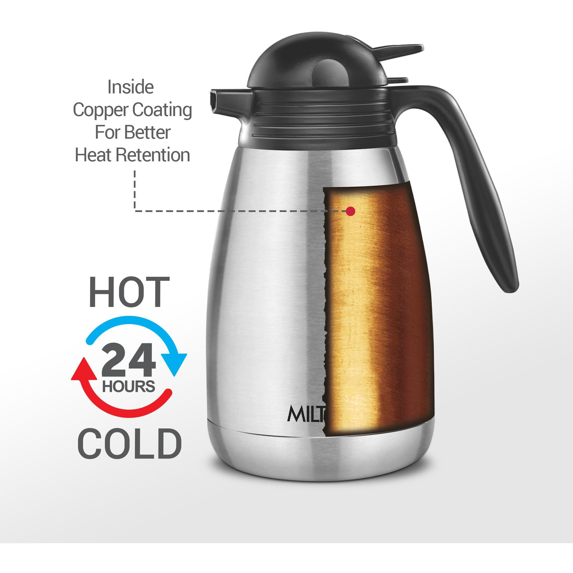 Milton Carafe 1500 Stainless Steel Double Walled Vacuum Insulated Flask With Lid And Handle, 1500 Ml, Silver, Coffee/Tea Carafe Heat & Cold Retention, Leak Proof, Rust Free, Easy To Carry