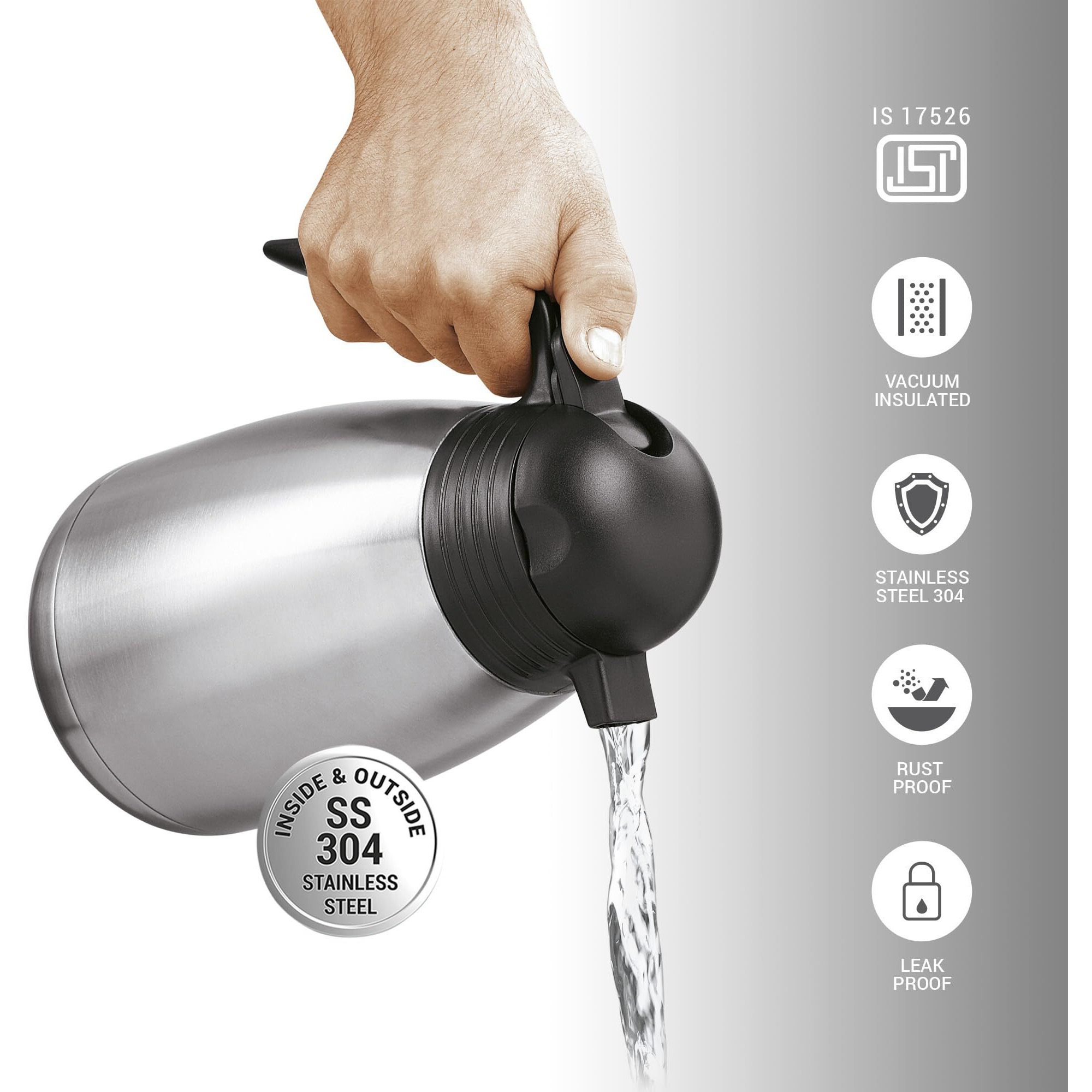 Milton Carafe 1500 Stainless Steel Double Walled Vacuum Insulated Flask With Lid And Handle, 1500 Ml, Silver, Coffee/Tea Carafe Heat & Cold Retention, Leak Proof, Rust Free, Easy To Carry