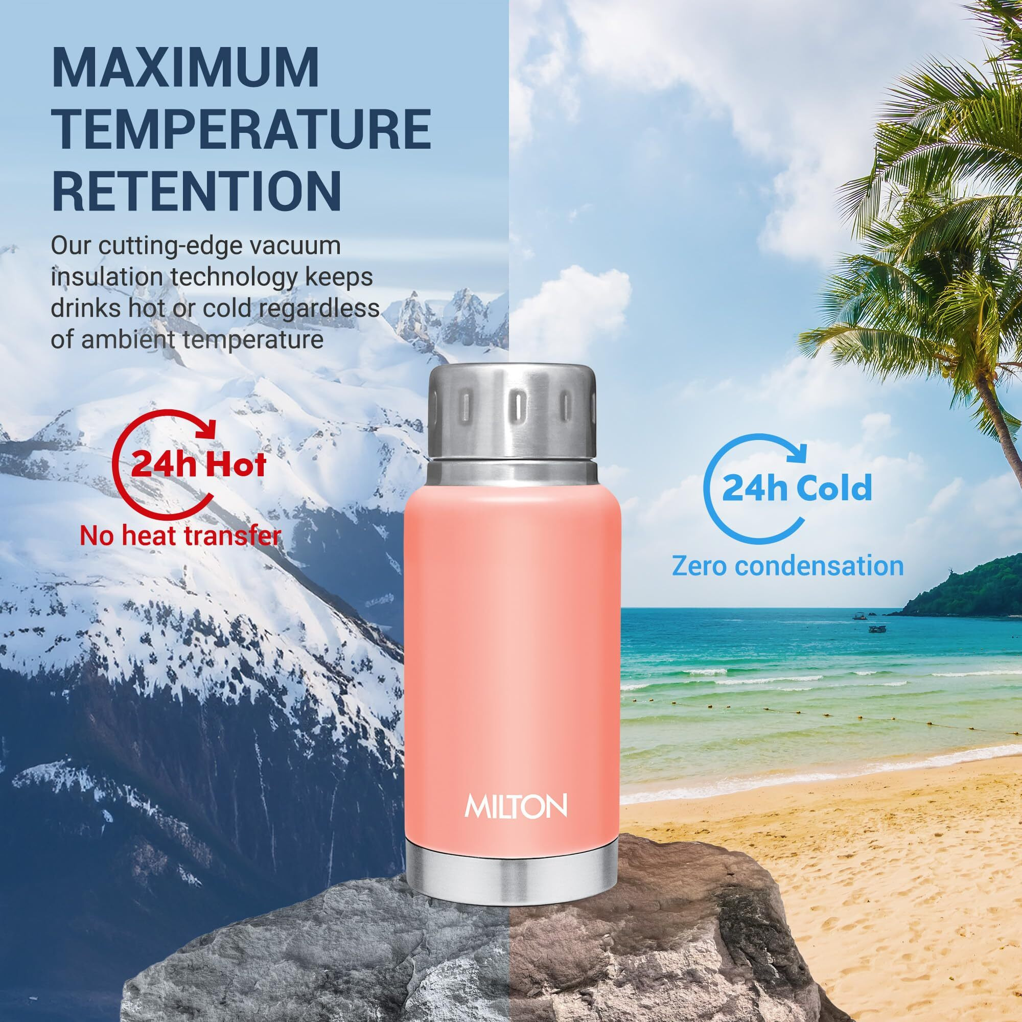 Milton Elfin 160 Thermosteel Bottle, 160 Ml Water Bottles, 24 Hours Hot And Cold, Easy To Carry, Easy Grip, Rust Proof, Tea, Coffee, Office, Travel Bottle, Peach
