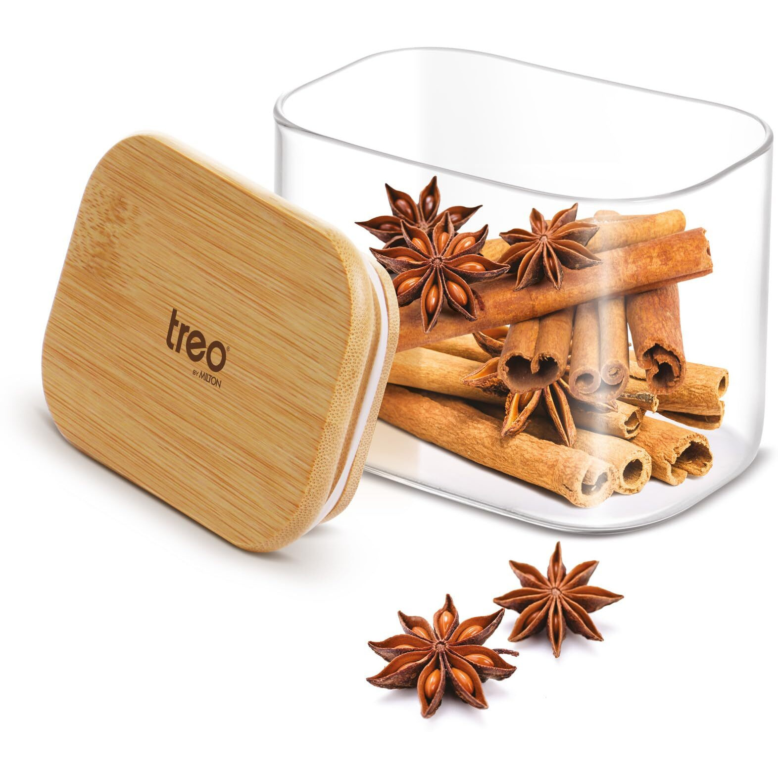 Treo By Milton Recto Kitchen Storage Jar With Airtight Wooden Lid, 600Ml, Borosilicate Glass Container, Transparent, Microwave & Refrigerator Safe Canister For Coffee, Tea, Sugar, Spice, Cookies