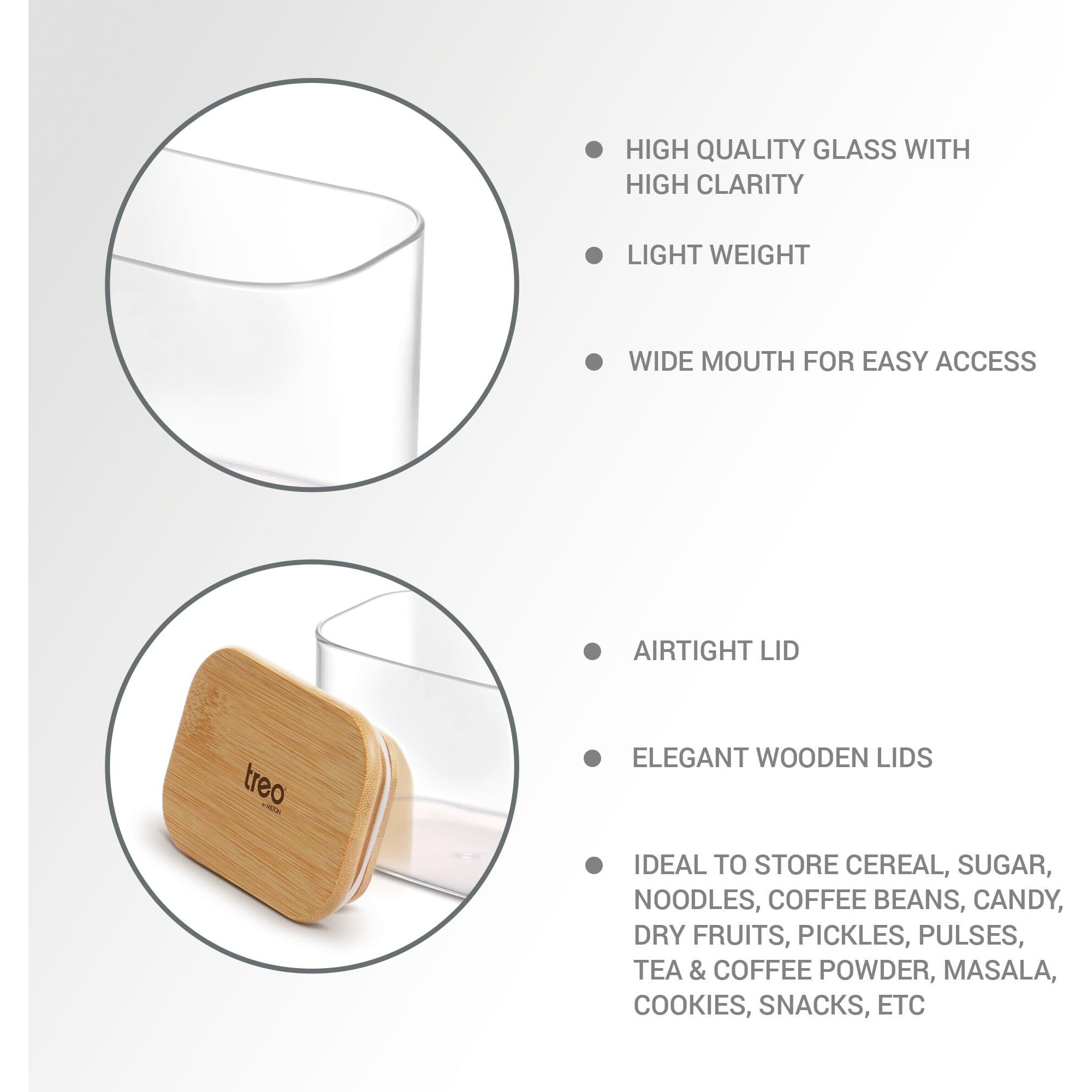 Treo By Milton Recto Kitchen Storage Jar With Airtight Wooden Lid, 600Ml, Borosilicate Glass Container, Transparent, Microwave & Refrigerator Safe Canister For Coffee, Tea, Sugar, Spice, Cookies