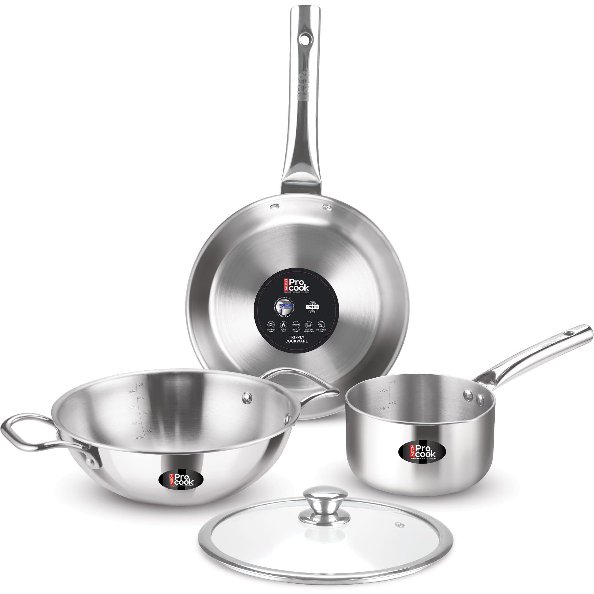 Milton Pro Cook Triply Stainless Steel 4 Pc Induction Cookware Set, Tea Pan 16Cm, Fry Pan 22Cm, Kadai With Glass Lid 24Cm, Even & Fast Cooking, Induction & Gas Ready, 3 Years Warranty By Manufacturer