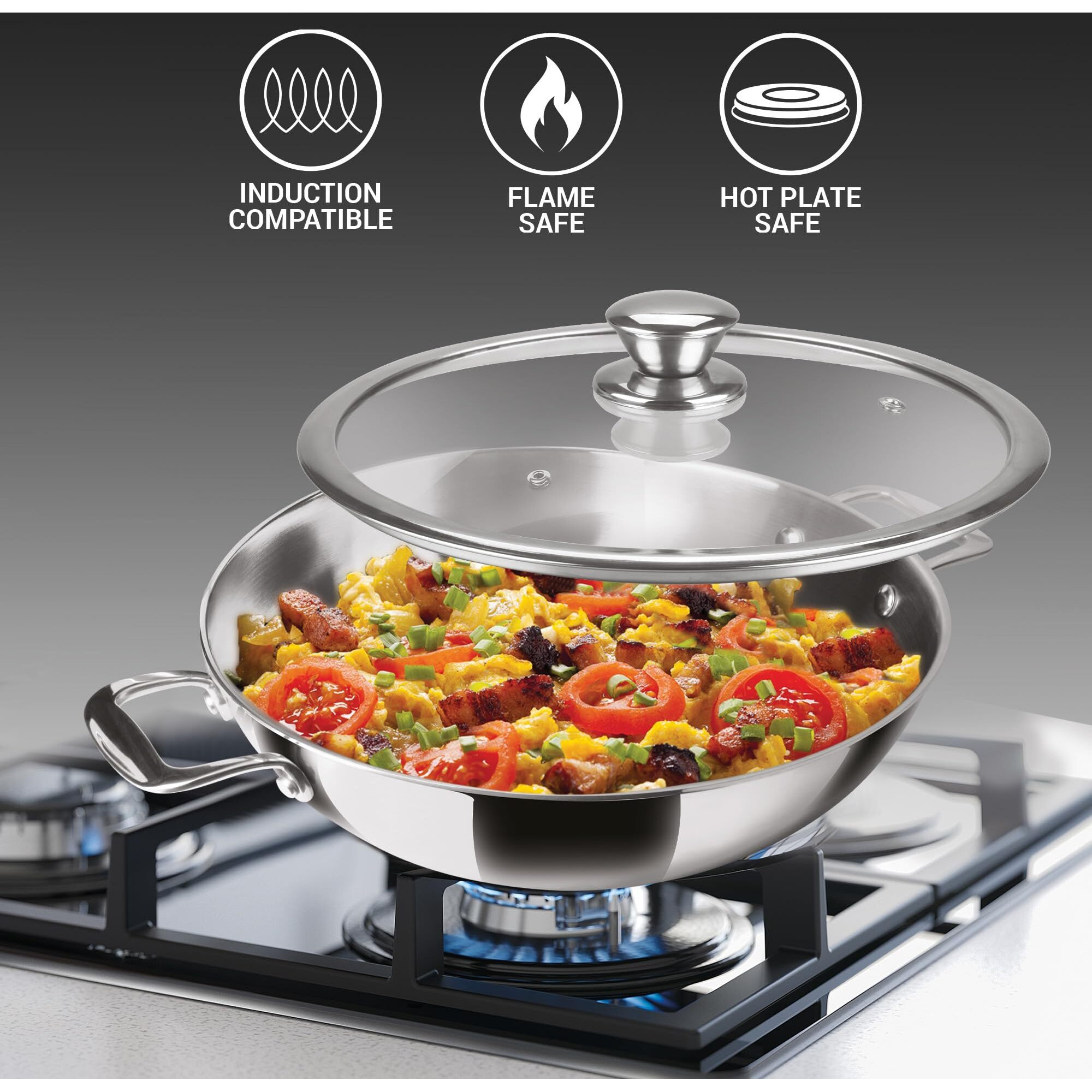 Milton Pro Cook Triply Stainless Steel 4 Pc Induction Cookware Set, Tea Pan 16Cm, Fry Pan 22Cm, Kadai With Glass Lid 24Cm, Even & Fast Cooking, Induction & Gas Ready, 3 Years Warranty By Manufacturer