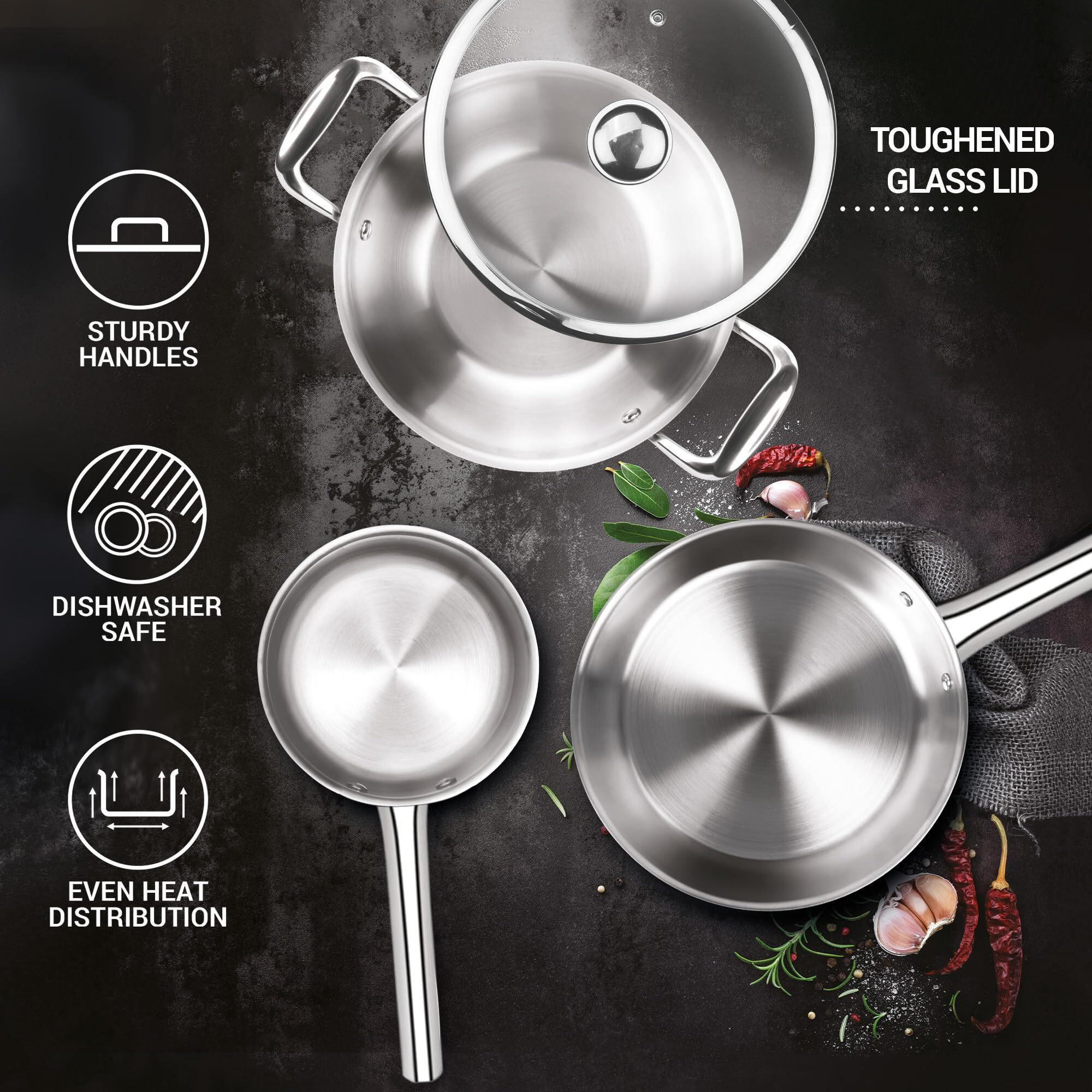 Milton Pro Cook Triply Stainless Steel 4 Pc Induction Cookware Set, Tea Pan 16Cm, Fry Pan 22Cm, Kadai With Glass Lid 24Cm, Even & Fast Cooking, Induction & Gas Ready, 3 Years Warranty By Manufacturer