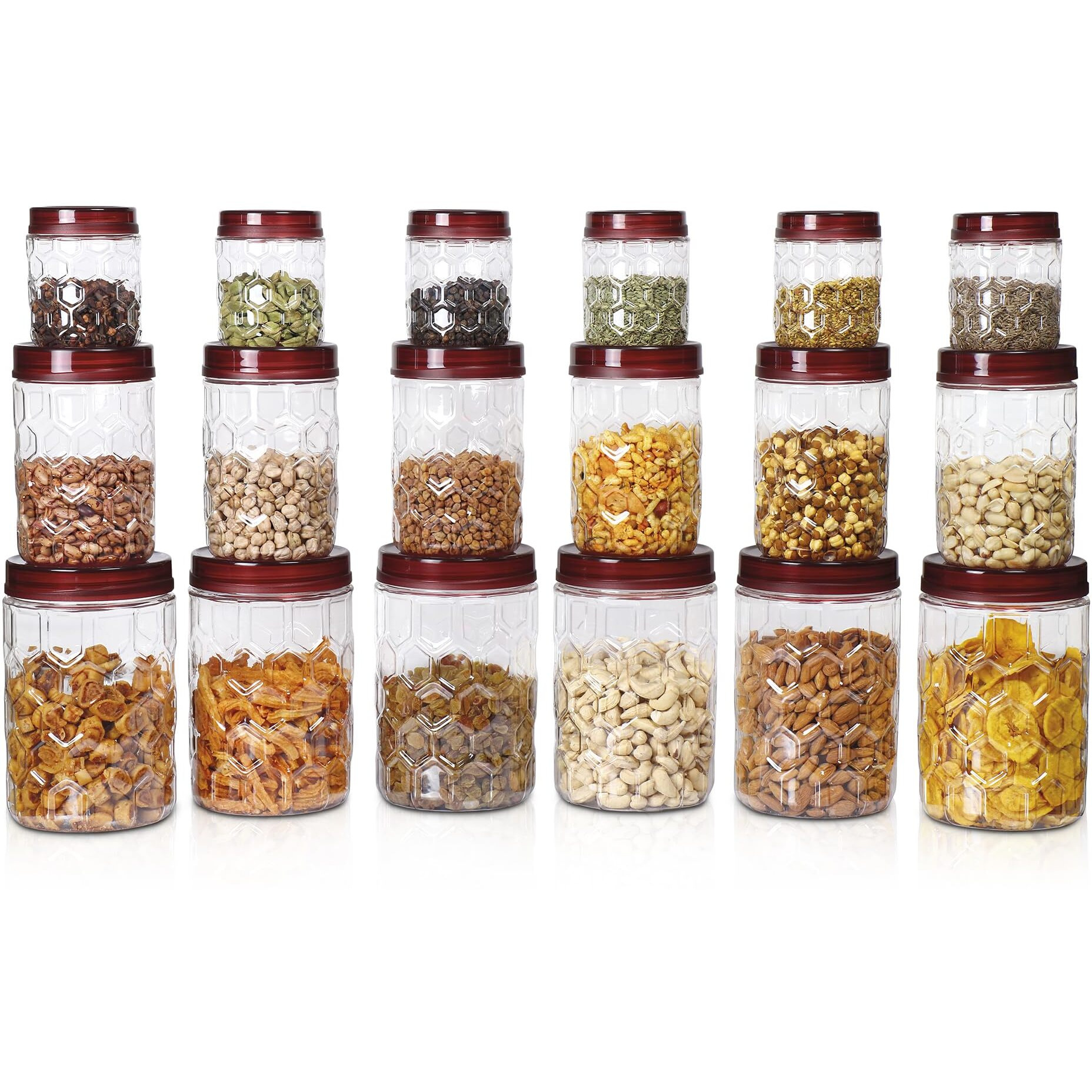 Milton Hexa Airtight Containers For Kitchen Storage Food Grade Plastic, Stackable & Transparent Organizer Jars, Masala Dabba, Set Of 18 (6 X 270Ml, 6 X 665Ml, 6 X 1.24L) Tea, Coffee, Sugar, Dry Fruits