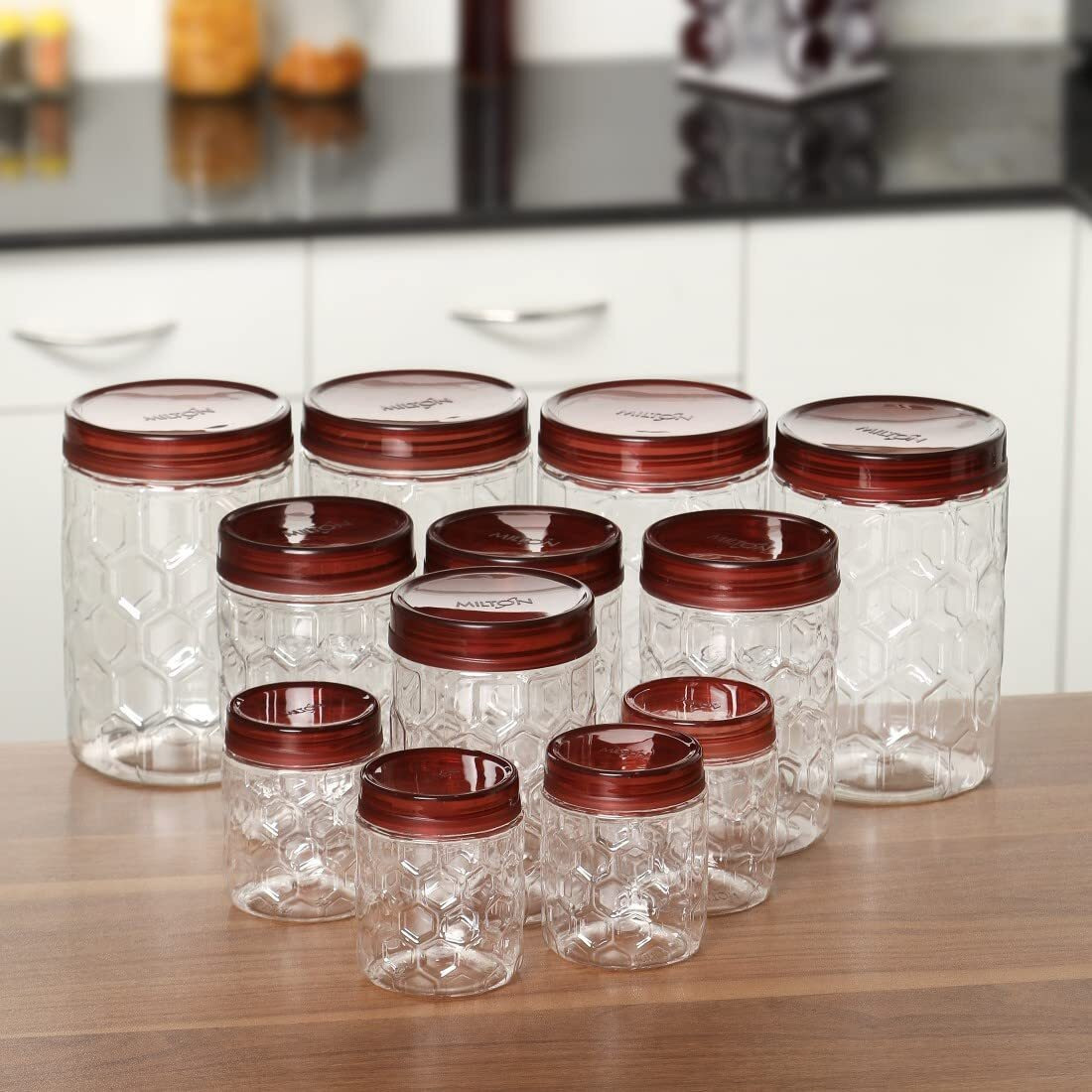 Milton Hexa Airtight Containers For Kitchen Storage Food Grade Plastic, Stackable & Transparent Organizer Jars, Masala Dabba, Set Of 18 (6 X 270Ml, 6 X 665Ml, 6 X 1.24L) Tea, Coffee, Sugar, Dry Fruits