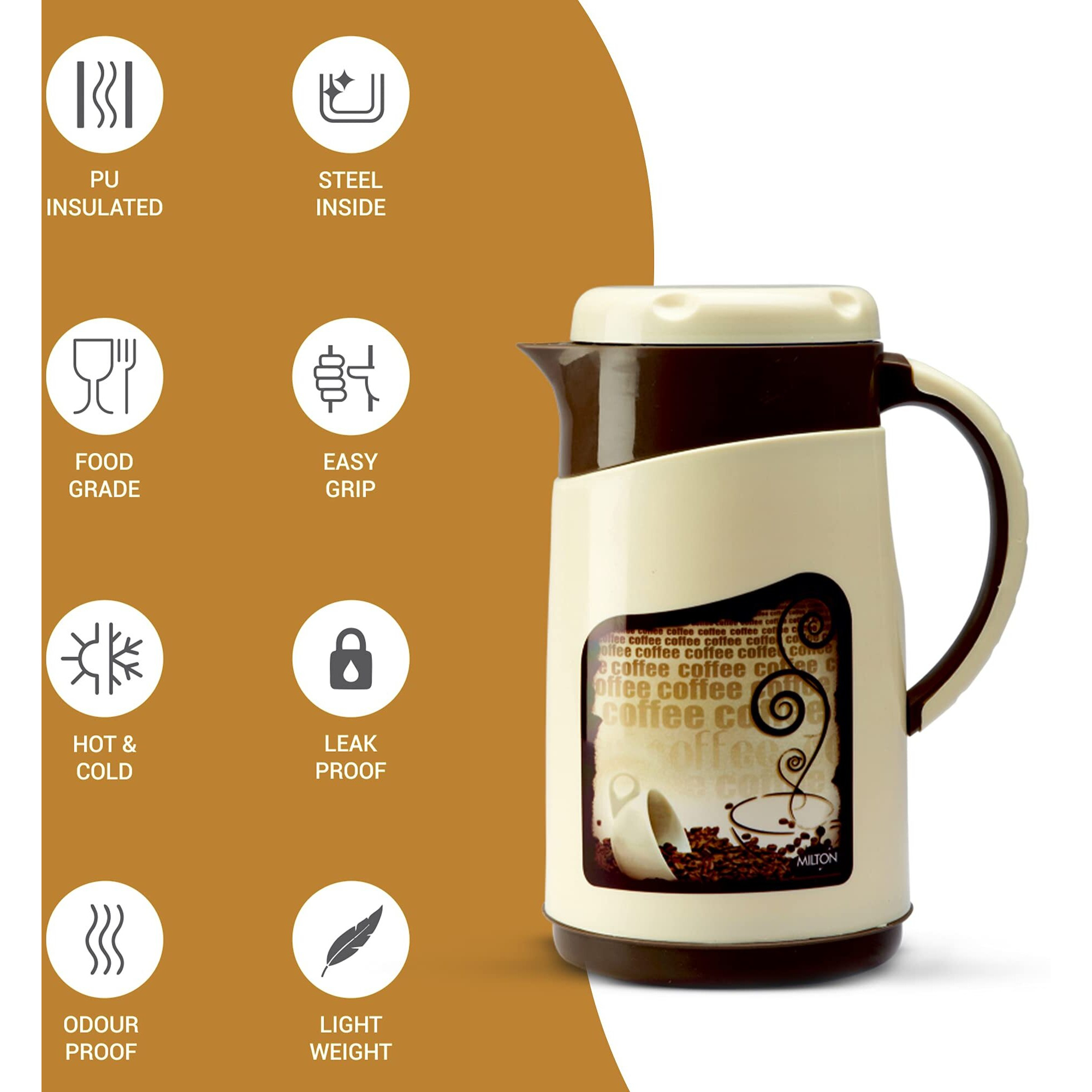 Milton Viva Tuff 1000 Water Jug, Pu Insulated Inner Stainless Steel Hot & Cold Jug, Bpa Free, Leak Proof, 1 Litre, Brown, Ideal For Tea, Coffee, Water, Hot Beverages