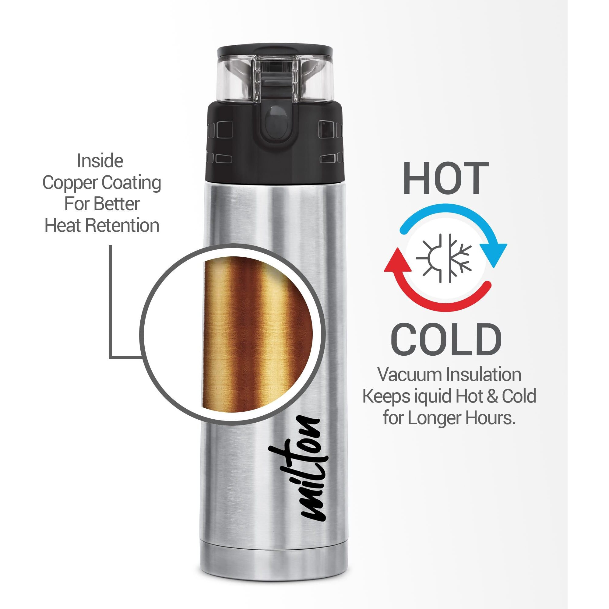 Milton Atlantis 900 Thermosteel Insulated Bottle, 750 Ml Water Bottles, 24 Hours Hot And Cold, Easy To Carry, Easy Grip, Rust Proof, Tea, Coffee, Office, Travel Bottle, Silver