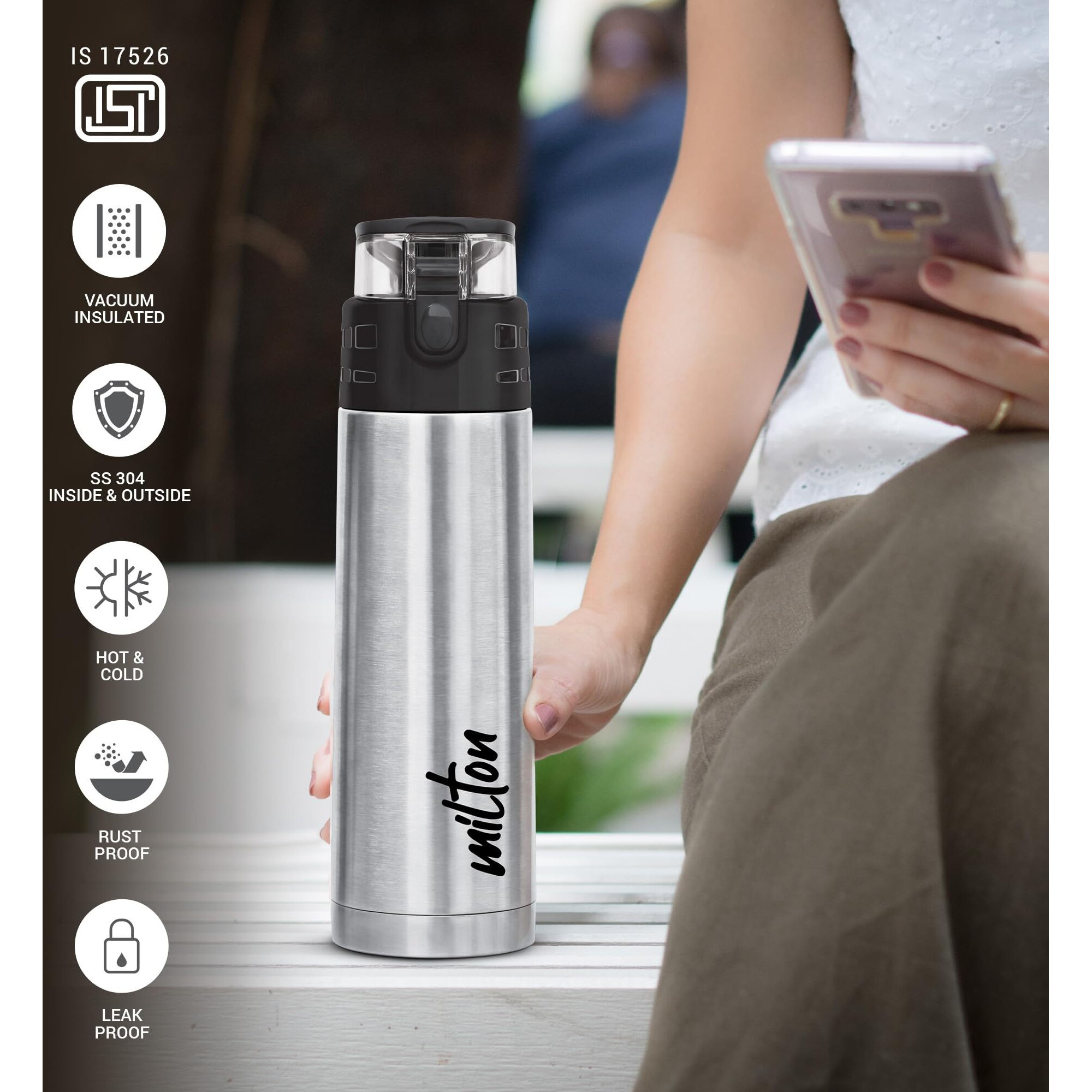 Milton Atlantis 900 Thermosteel Insulated Bottle, 750 Ml Water Bottles, 24 Hours Hot And Cold, Easy To Carry, Easy Grip, Rust Proof, Tea, Coffee, Office, Travel Bottle, Silver