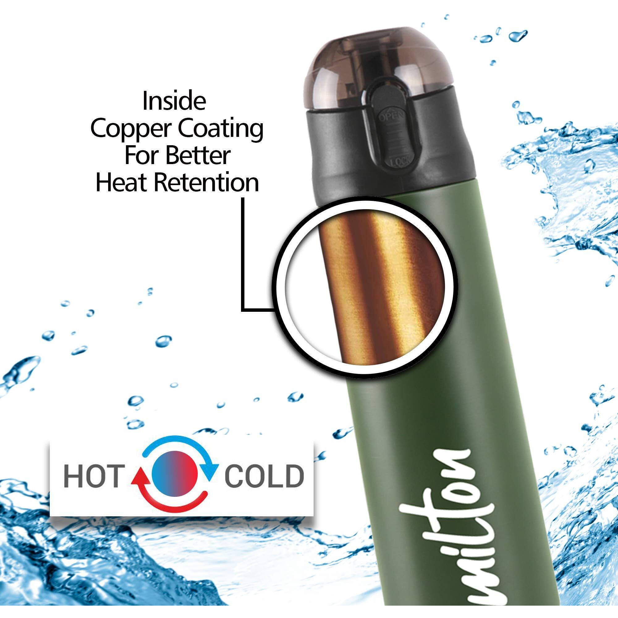 Milton New Crown 600 Thermosteel Bottle With One Touch Safety Lock, 500 Ml Water Bottles, 24 Hours Hot And Cold, Easy To Carry, Easy Grip, Rust Proof, Tea, Coffee, Office, Travel Bottle, Green