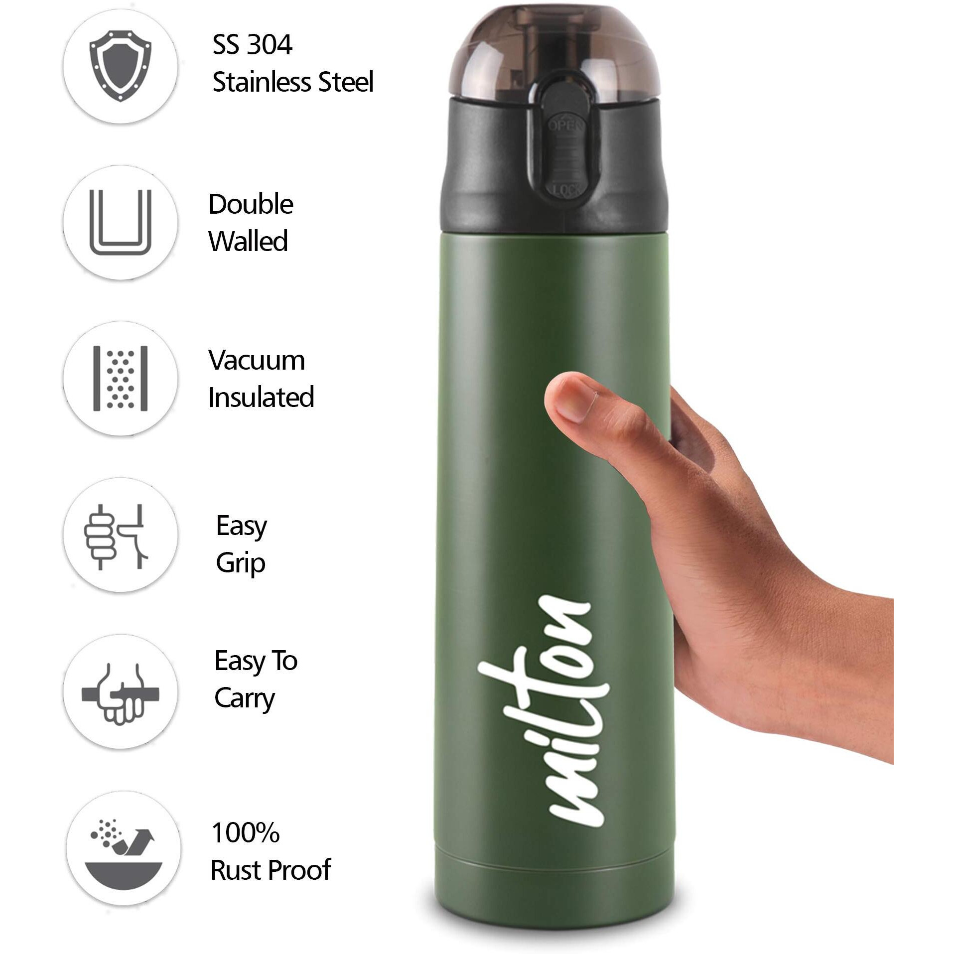 Milton New Crown 600 Thermosteel Bottle With One Touch Safety Lock, 500 Ml Water Bottles, 24 Hours Hot And Cold, Easy To Carry, Easy Grip, Rust Proof, Tea, Coffee, Office, Travel Bottle, Green