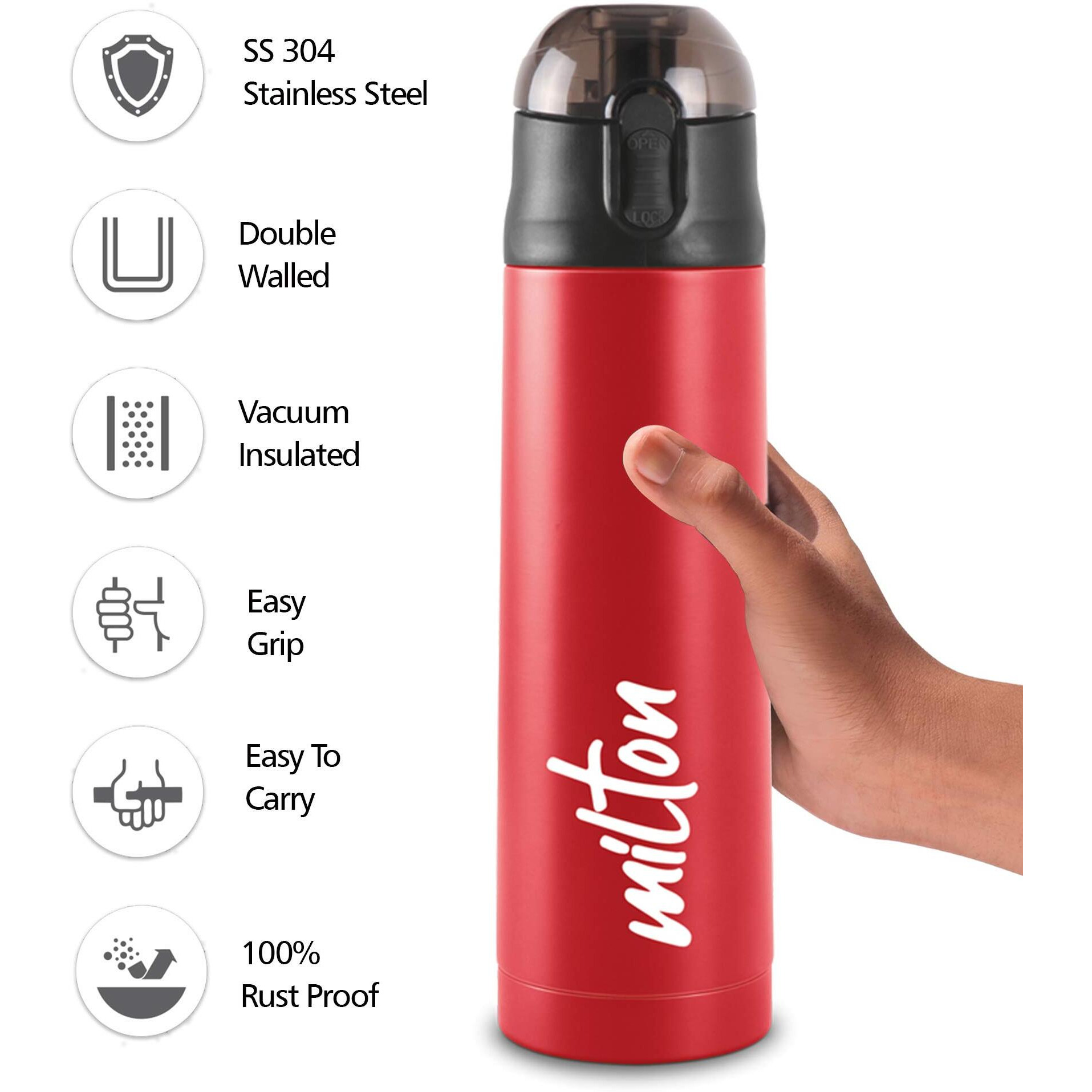 Milton New Crown 900 Thermosteel Bottle With One Touch Safety Lock, 750 Ml Water Bottles, 24 Hours Hot And Cold, Easy To Carry, Easy Grip, Rust Proof, Tea, Coffee, Office, Travel Bottle, Red
