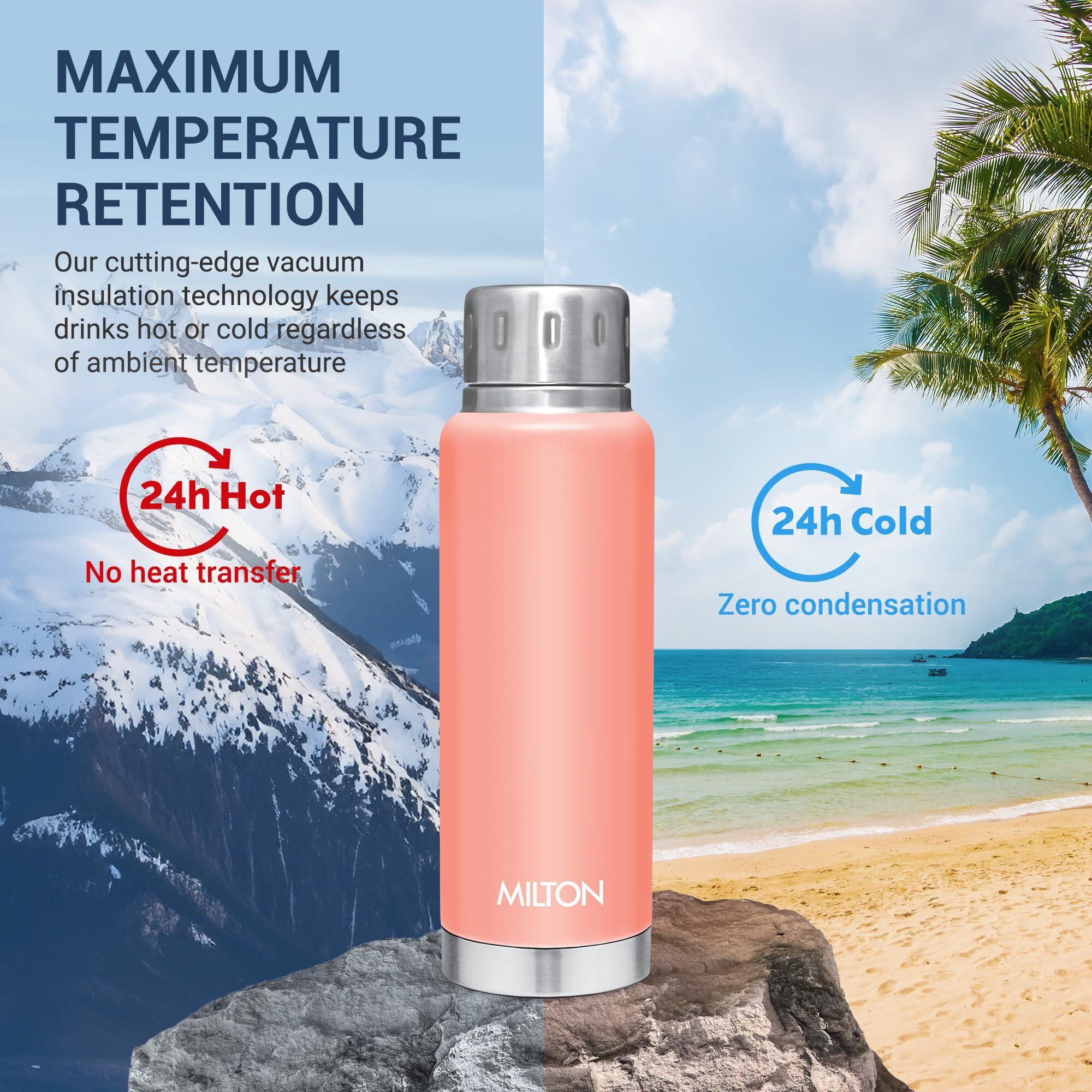 Milton Elfin 300 Thermosteel Bottle, 300 Ml Water Bottles, 24 Hours Hot And Cold, Easy To Carry, Easy Grip, Rust Proof, Tea, Coffee, Office, Travel Bottle, Peach