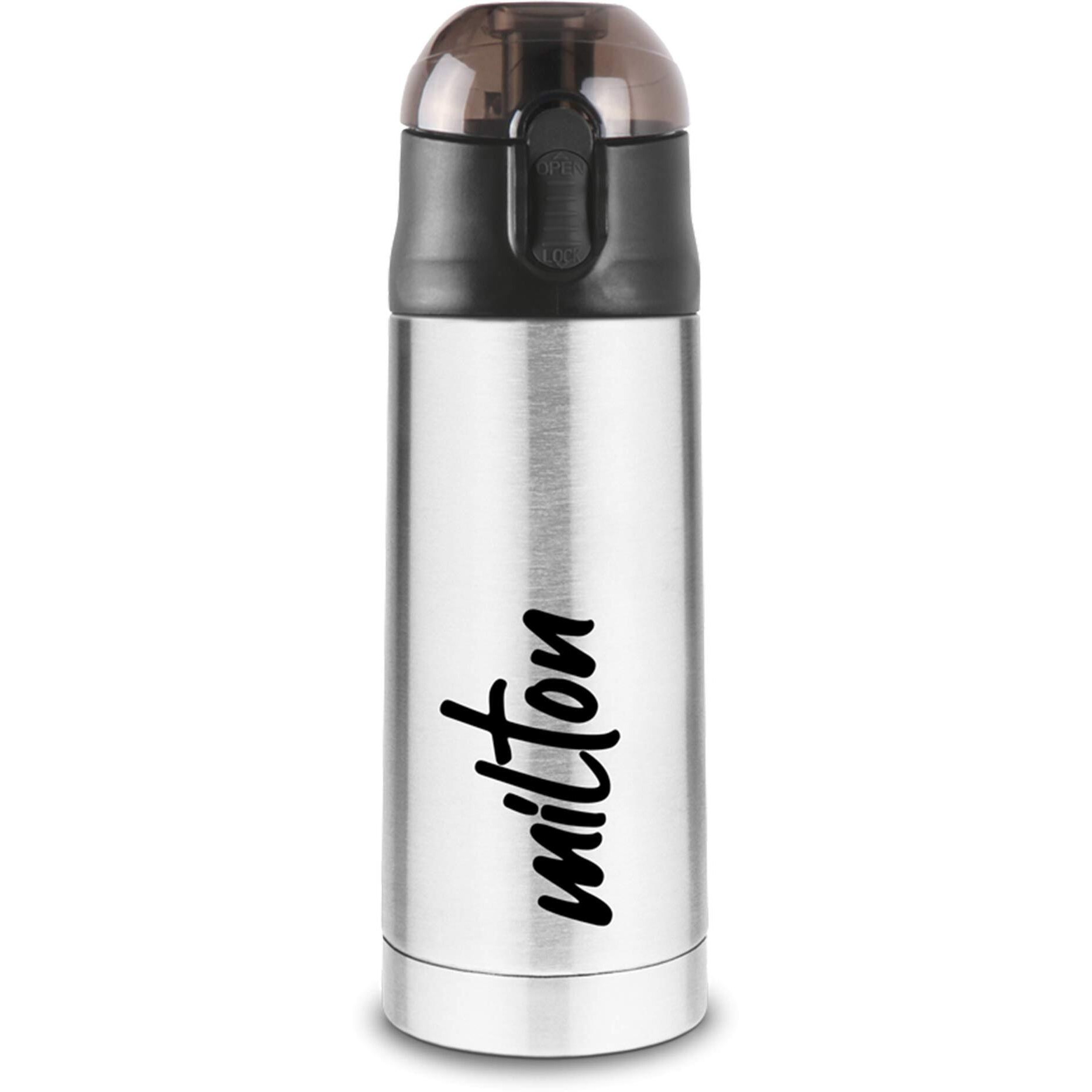Milton New Crown 600 Thermosteel Bottle With One Touch Safety Lock, 500 Ml Water Bottles, 24 Hours Hot And Cold, Easy To Carry, Easy Grip, Rust Proof, Tea, Coffee, Office, Travel Bottle, Silver