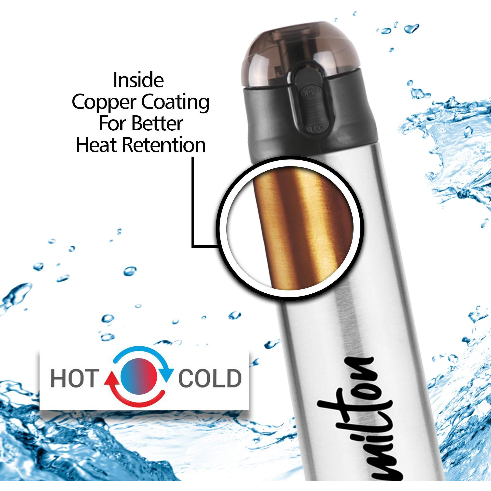 Milton New Crown 600 Thermosteel Bottle With One Touch Safety Lock, 500 Ml Water Bottles, 24 Hours Hot And Cold, Easy To Carry, Easy Grip, Rust Proof, Tea, Coffee, Office, Travel Bottle, Silver
