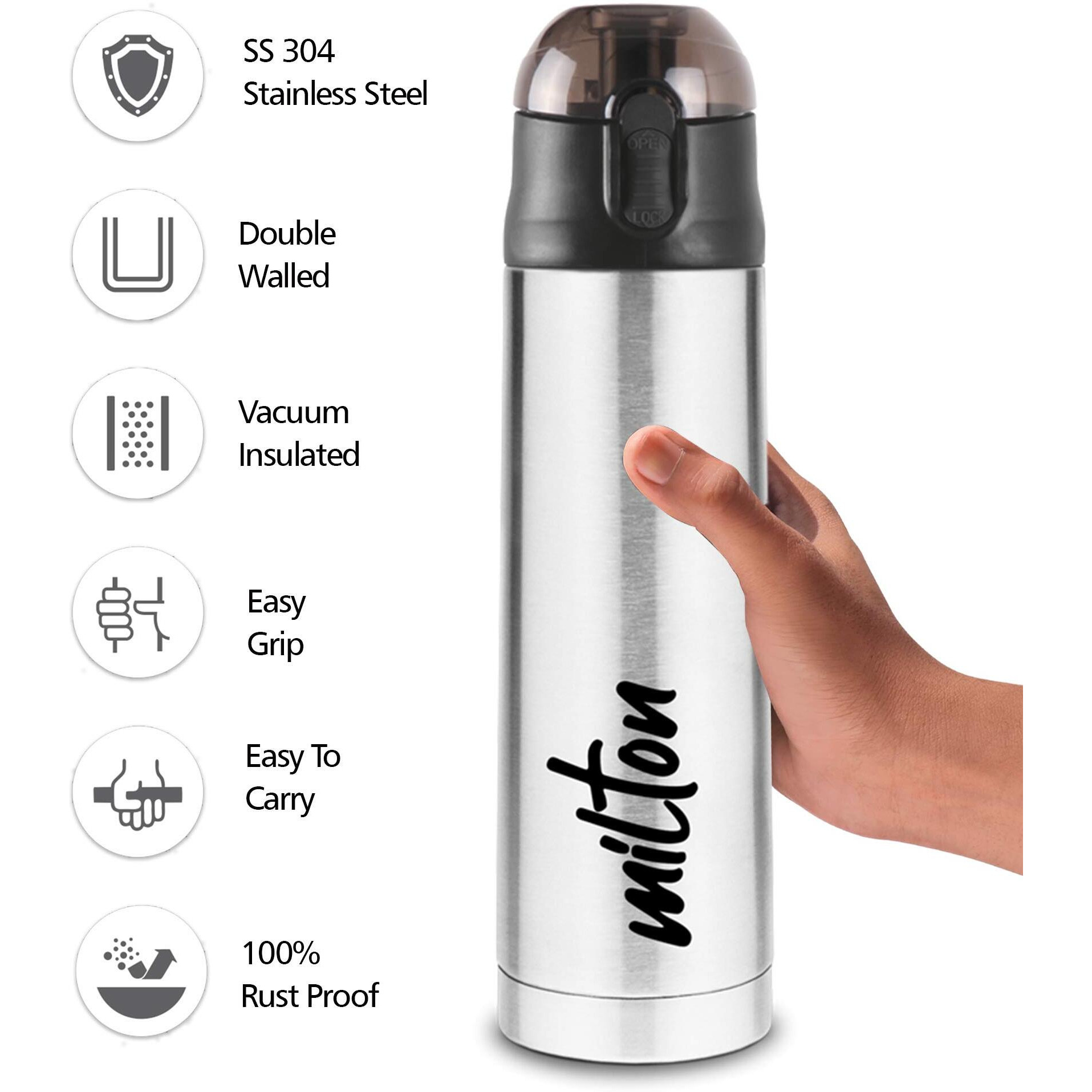 Milton New Crown 600 Thermosteel Bottle With One Touch Safety Lock, 500 Ml Water Bottles, 24 Hours Hot And Cold, Easy To Carry, Easy Grip, Rust Proof, Tea, Coffee, Office, Travel Bottle, Silver