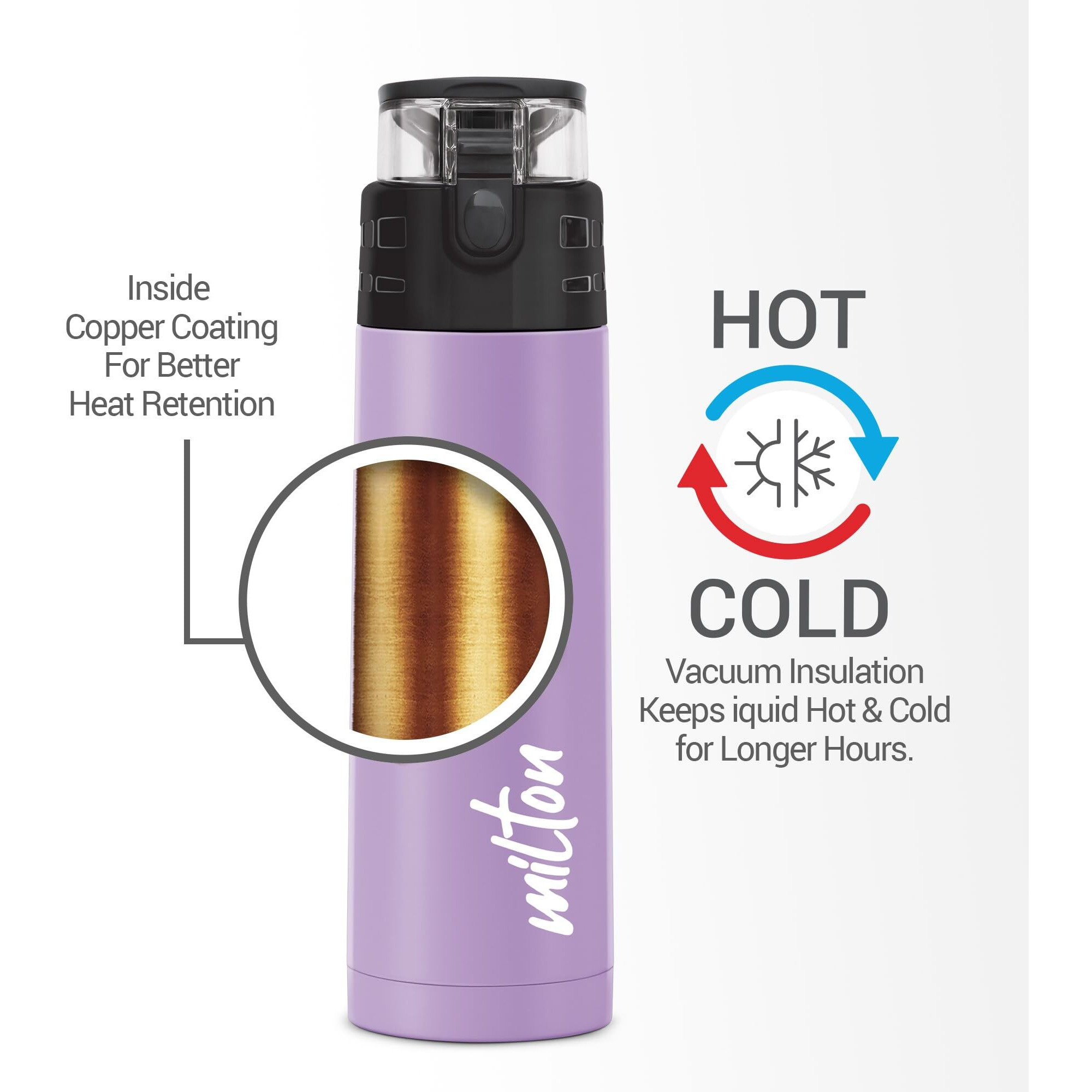 Milton Atlantis 600 Thermosteel Insulated Bottle, 500 Ml Water Bottles, 24 Hours Hot And Cold, Easy To Carry, Easy Grip, Rust Proof, Tea, Coffee, Office, Travel Bottle, Purple