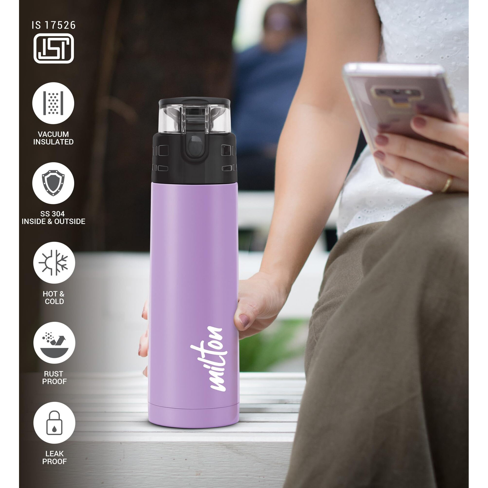 Milton Atlantis 600 Thermosteel Insulated Bottle, 500 Ml Water Bottles, 24 Hours Hot And Cold, Easy To Carry, Easy Grip, Rust Proof, Tea, Coffee, Office, Travel Bottle, Purple