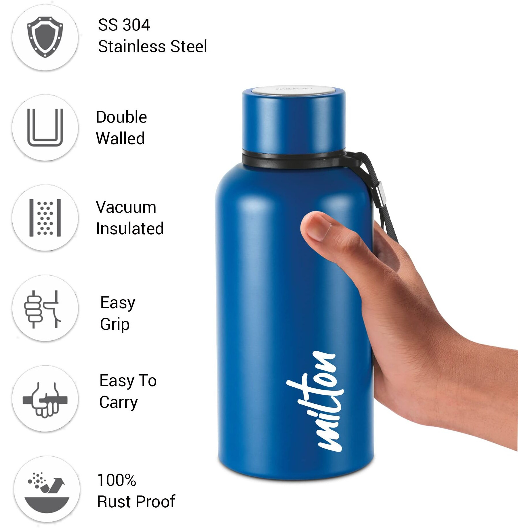 Milton Aura 500 Thermosteel Bottle, 500 Ml Water Bottles, 24 Hours Hot And Cold, Easy To Carry, Easy Grip, Rust Proof, Tea, Coffee, Office, Travel Bottle, Dark Blue