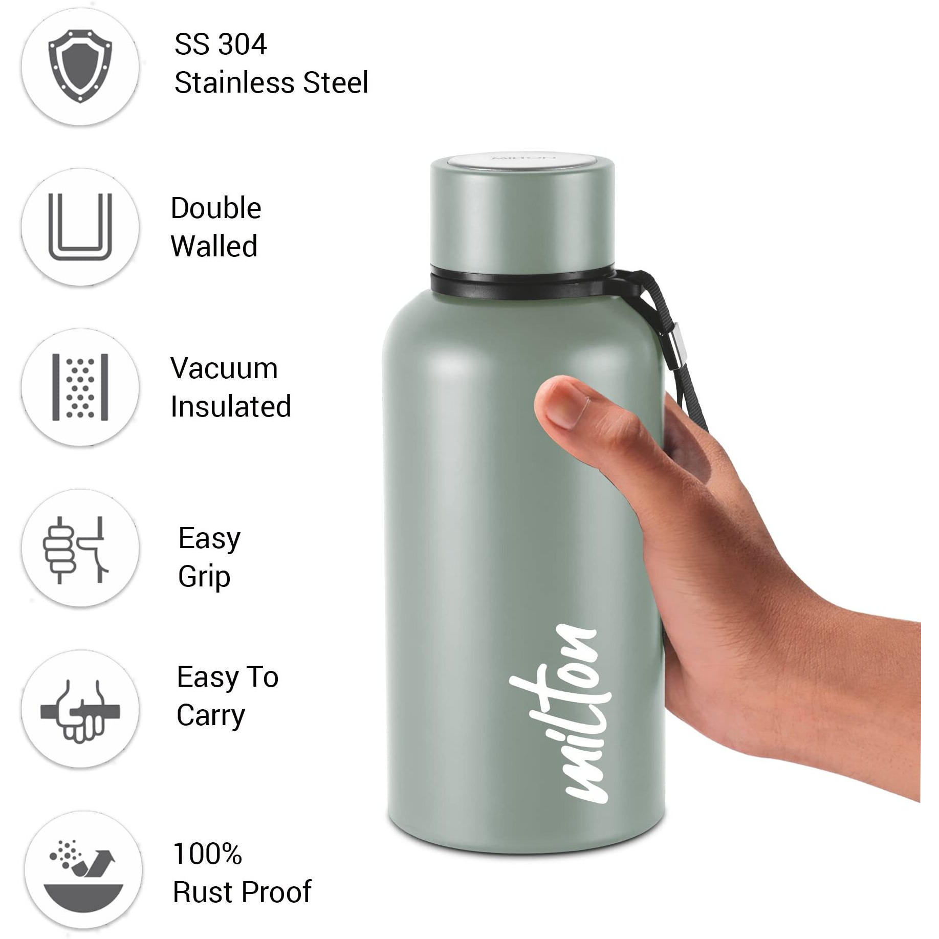 Milton Aura 500 Thermosteel Bottle, 500 Ml Water Bottles, 24 Hours Hot And Cold, Easy To Carry, Easy Grip, Rust Proof, Tea, Coffee, Office, Travel Bottle, Grey