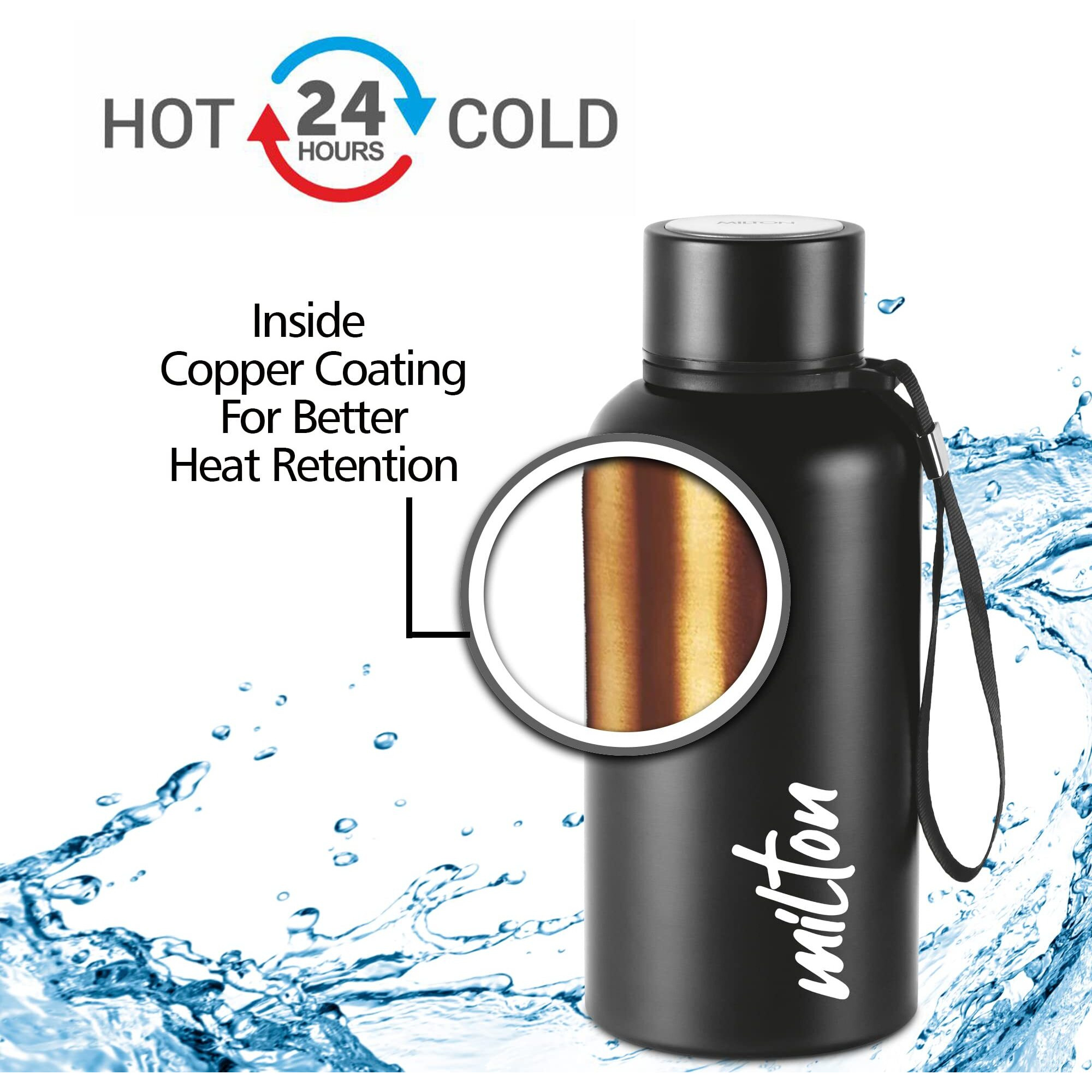 Milton Aura 500 Thermosteel Bottle, 500 Ml Water Bottles, 24 Hours Hot And Cold, Easy To Carry, Easy Grip, Rust Proof, Tea, Coffee, Office, Travel Bottle, Black