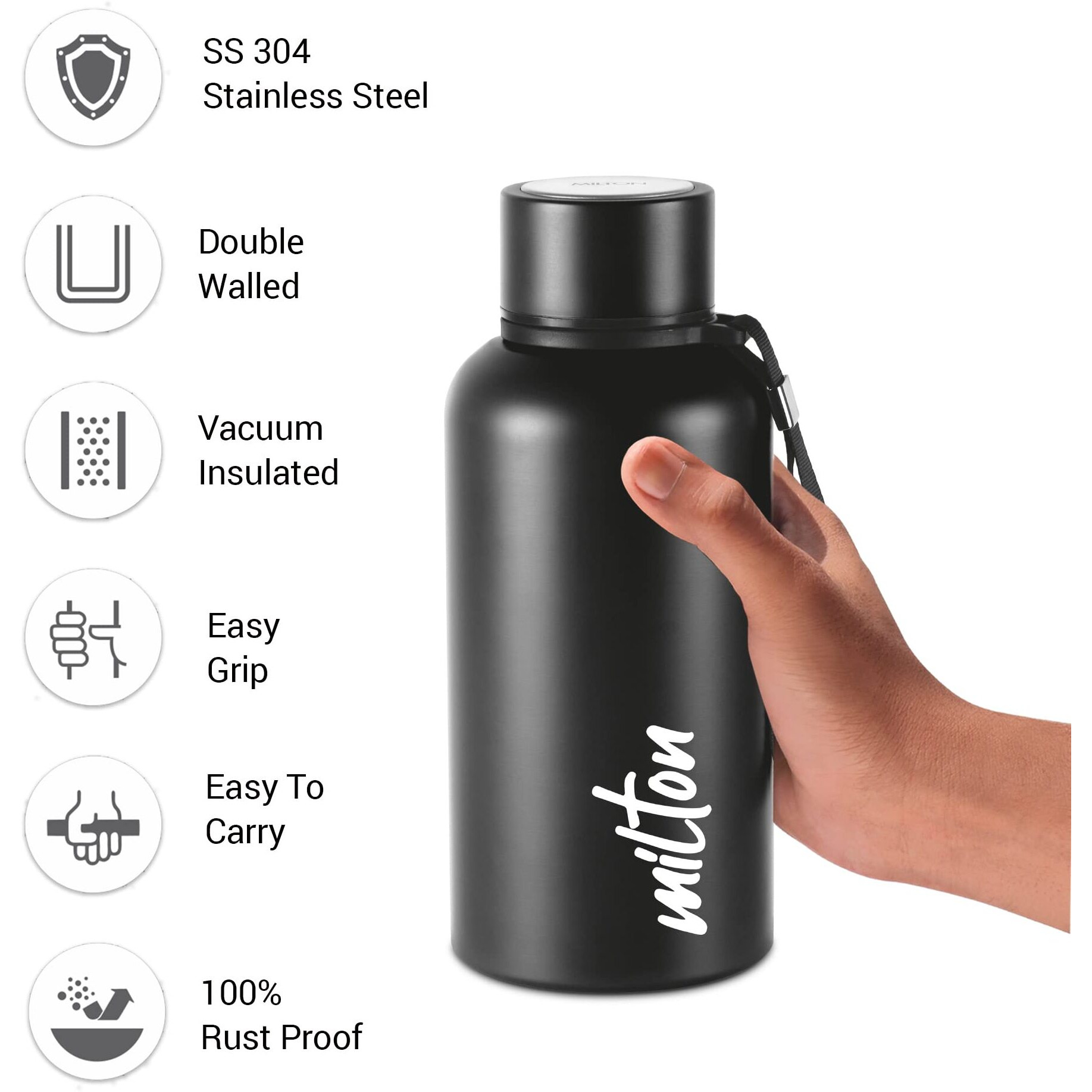 Milton Aura 500 Thermosteel Bottle, 500 Ml Water Bottles, 24 Hours Hot And Cold, Easy To Carry, Easy Grip, Rust Proof, Tea, Coffee, Office, Travel Bottle, Black