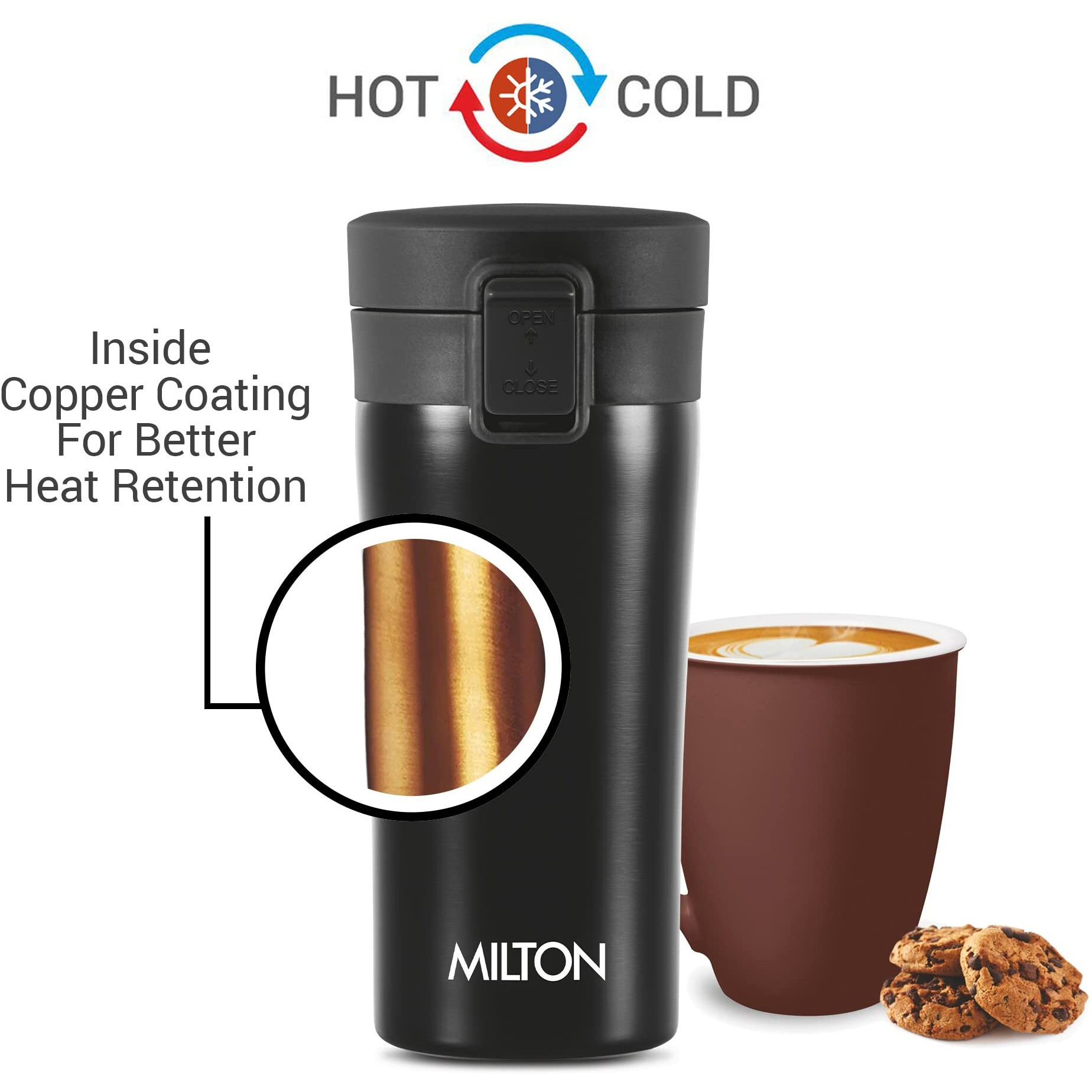 Milton Thermosteel Vacuum Insulated Travel Coffee Mug, 350Ml, Black, Prolonged Hours Hot & Cold, Spill Proof & Easy To Sip, Spill Proof & Easy To Sip, Leakproof & Rustproof, On The Go Coffee Cup