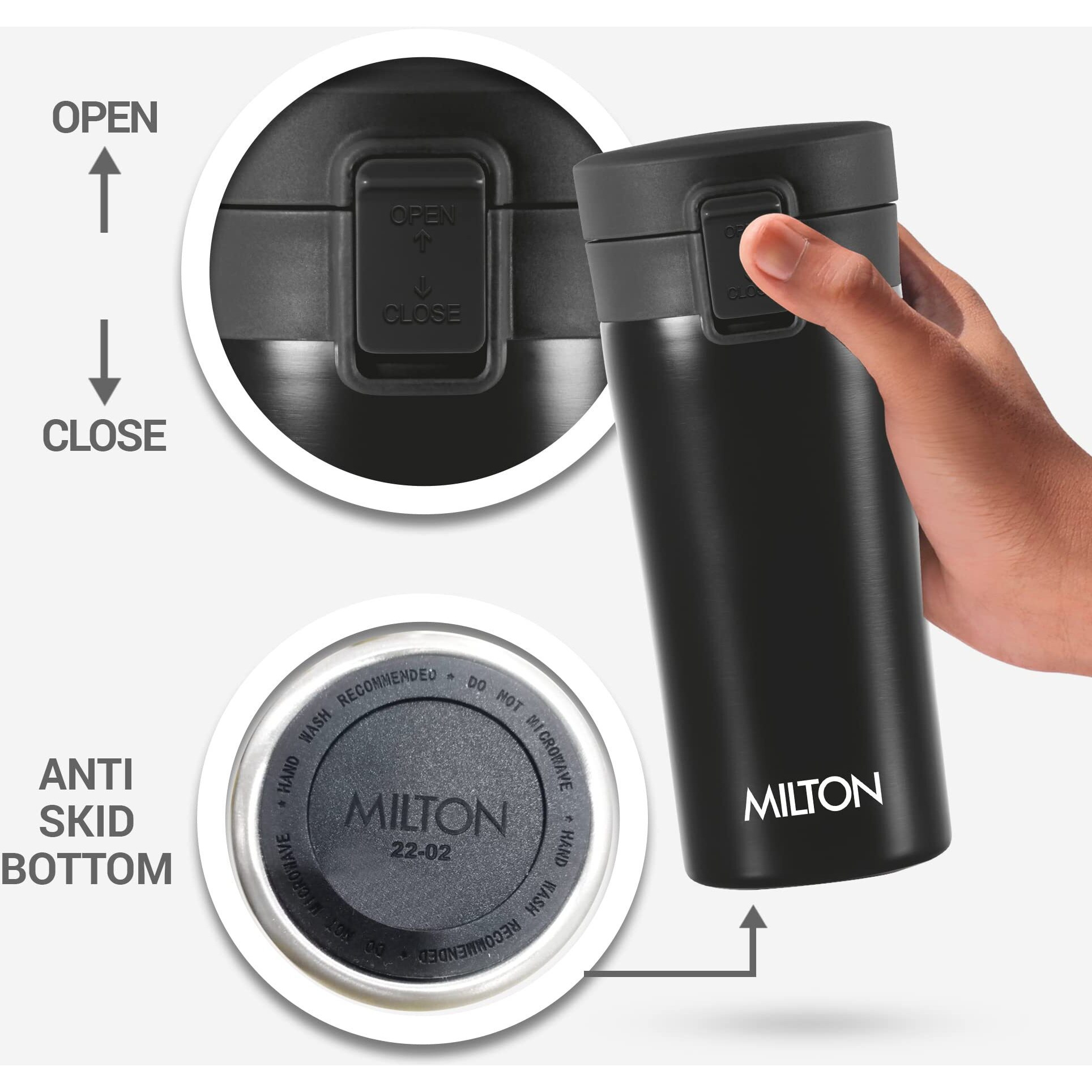 Milton Thermosteel Vacuum Insulated Travel Coffee Mug, 350Ml, Black, Prolonged Hours Hot & Cold, Spill Proof & Easy To Sip, Spill Proof & Easy To Sip, Leakproof & Rustproof, On The Go Coffee Cup