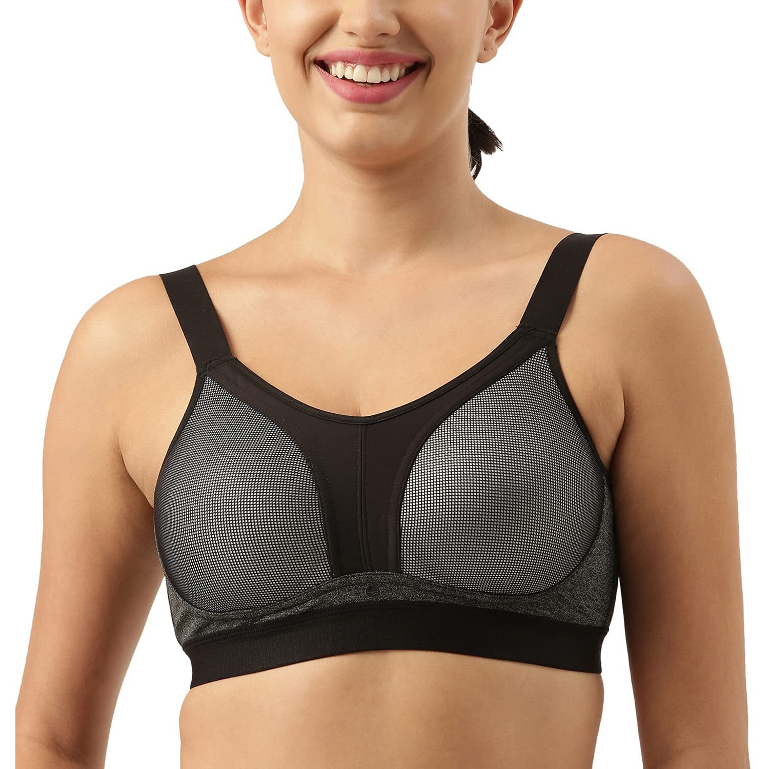 Enamor Women's Polyester Y-Panel For Bounce Control High Impact Padded Non-Wired And High Coverage Sports Bra -Sb25(Sb25-Greymelange-S)