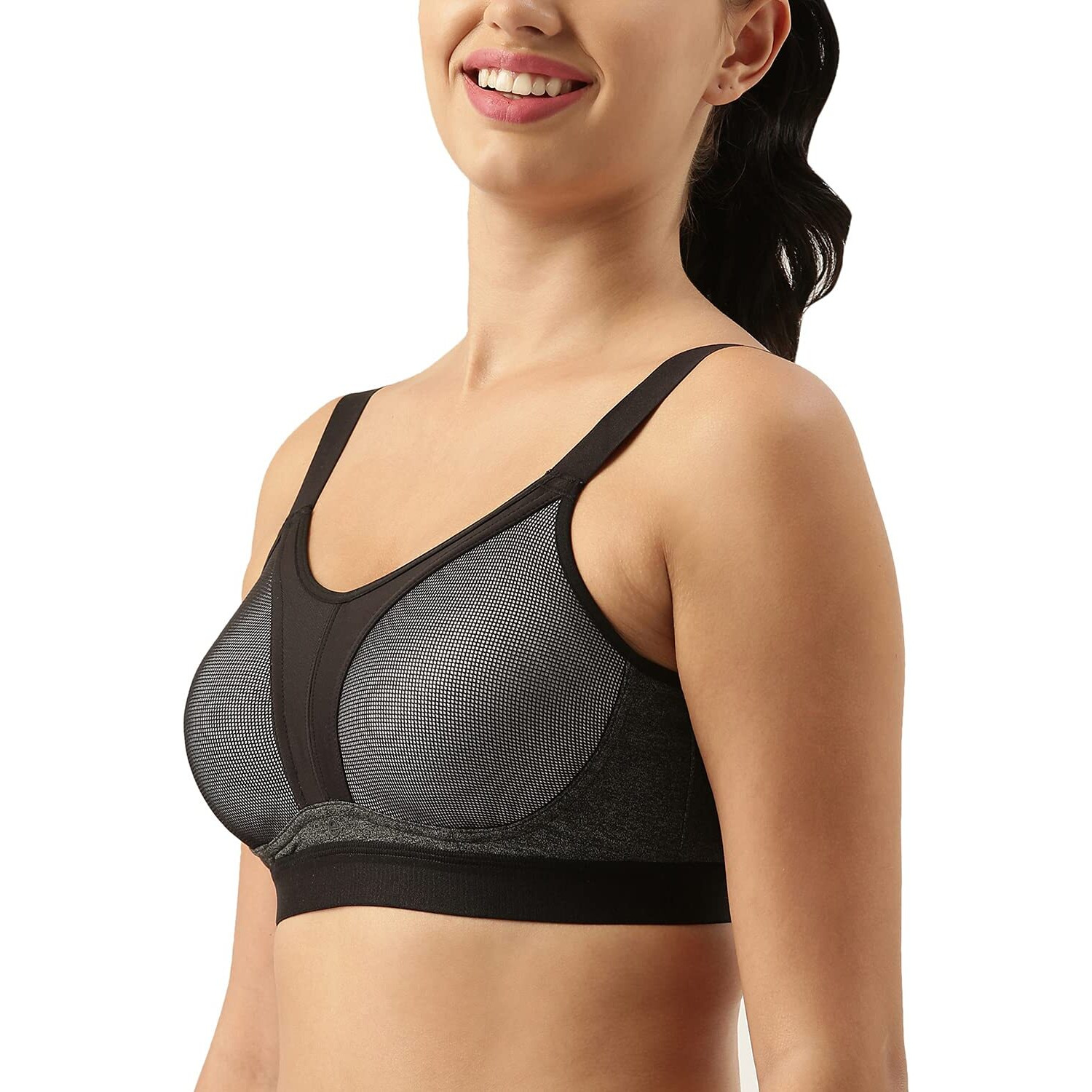 Enamor Women's Polyester Y-Panel For Bounce Control High Impact Padded Non-Wired And High Coverage Sports Bra -Sb25(Sb25-Greymelange-S)
