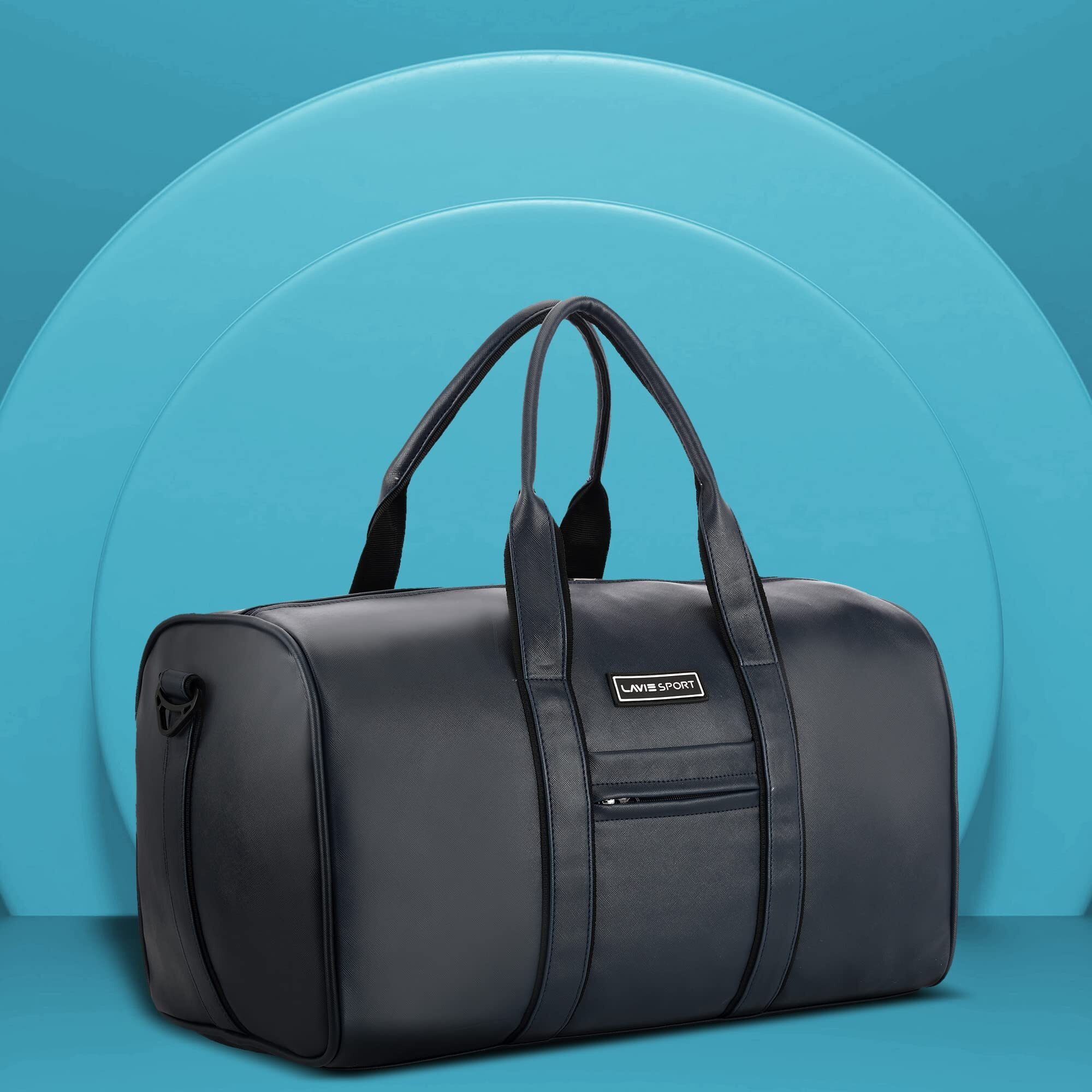 Lavie Sport Polyester Captain Leatherette Unisex Weekender Duffle Bag | Stylish & Spacious Duffle Bag | Duffle Bag For Gym, Sports, Training, 25 Cm, Navy