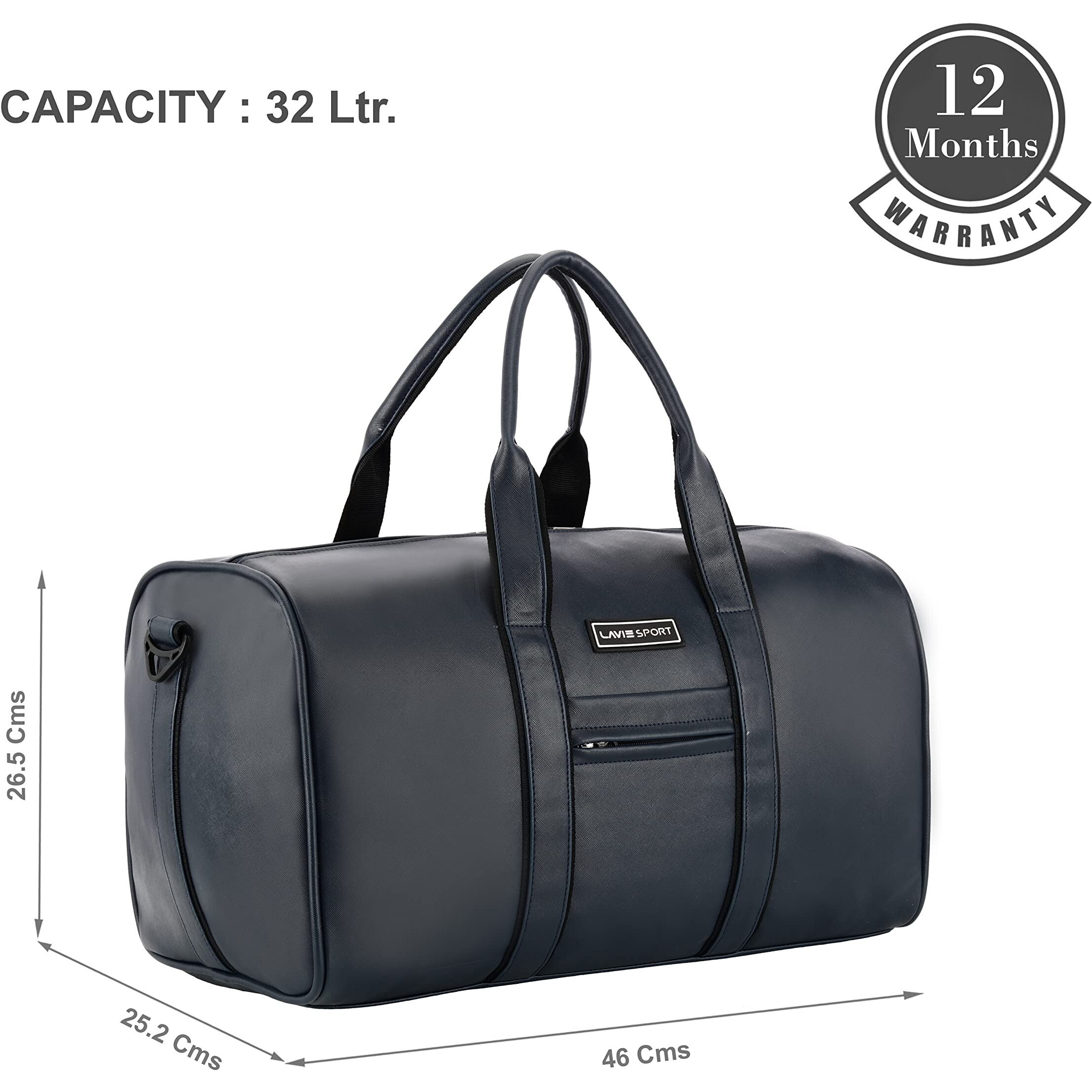 Lavie Sport Polyester Captain Leatherette Unisex Weekender Duffle Bag | Stylish & Spacious Duffle Bag | Duffle Bag For Gym, Sports, Training, 25 Cm, Navy