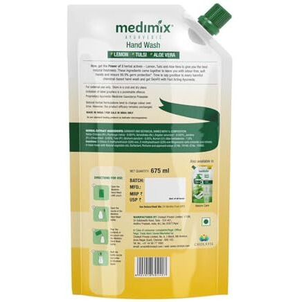 Medimix Ayurvedic Nature Fresh Hand Wash Refill With Lemon, Tulsi & Aloe Vera For Soft & Odour-Free Hands 675Ml | 99.9% Germ Protection | Shop Herbal | Natural | Soap-Free | 100% Vegan
