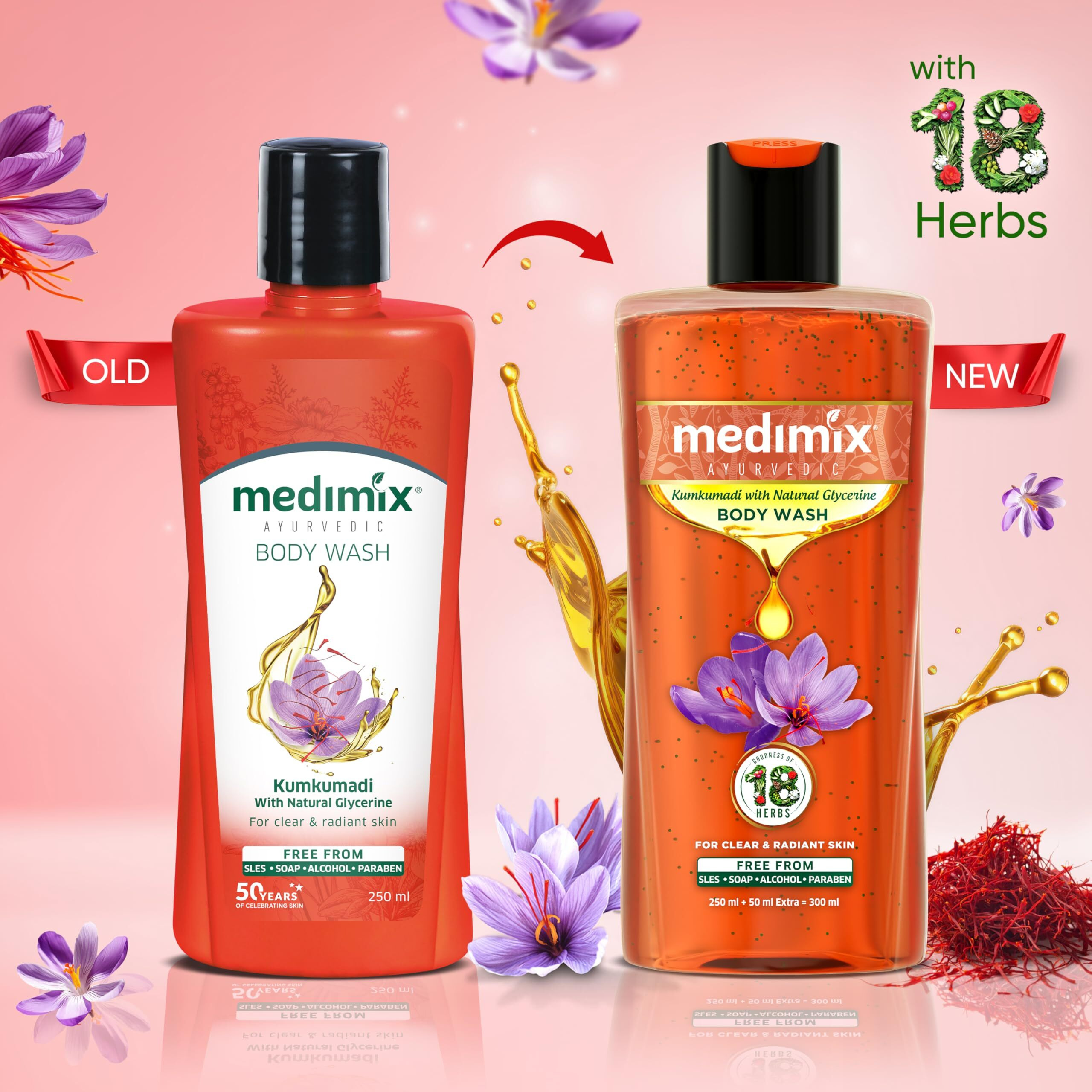 Medimix Ayurvedic Bodywash, Kumkumadi With Natural Glycerine For Radiant & Revived Skin 250 + 50 Ml | Shower Gel For Deep Hydration, Replenished & Glowing Skin | Herbal | Paraben-Free | Sulphate-Free