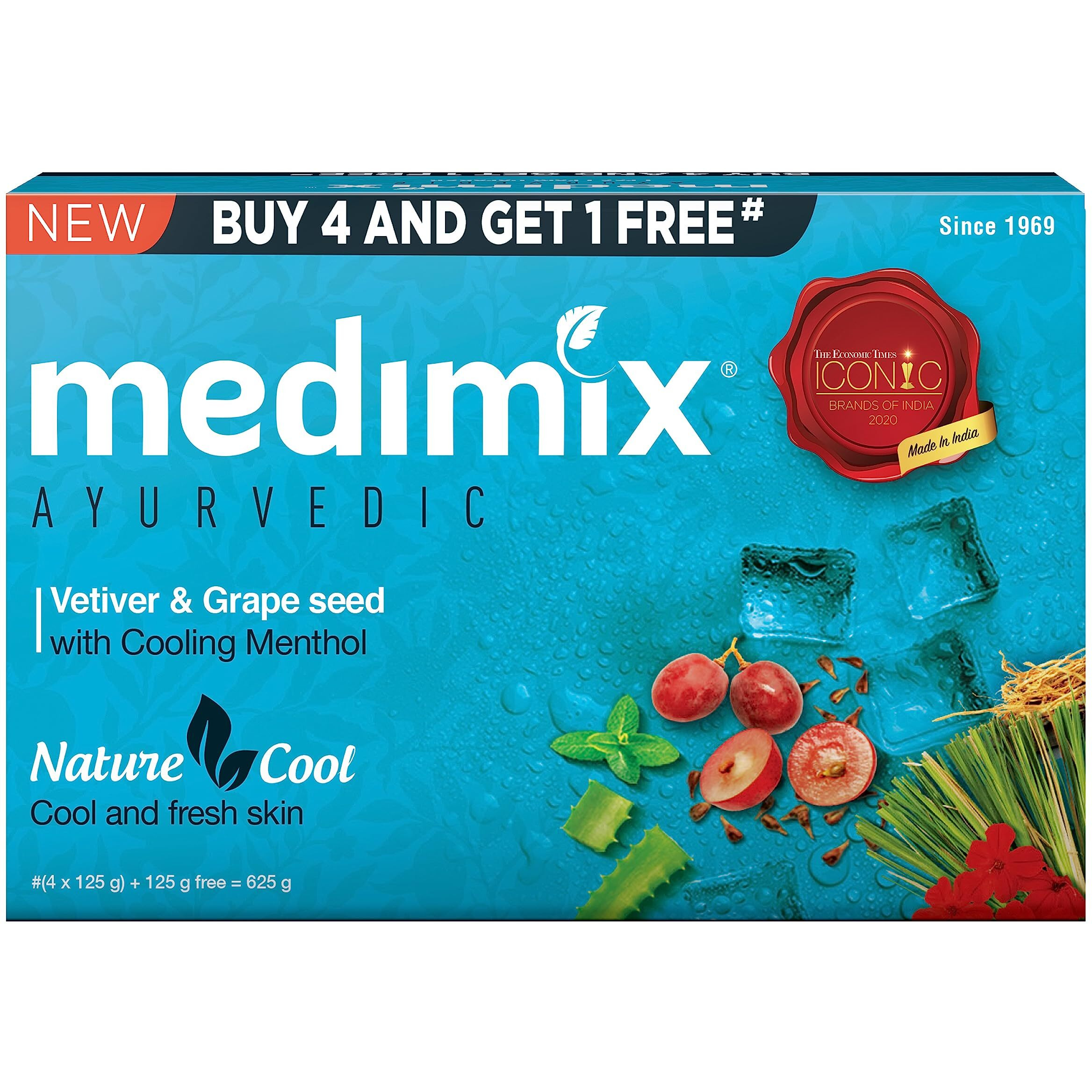 Medimix Ayurvedic Cool Bathing Soap With Menthol, Vetiver & Grape Seed 125Gm (Buy 4 And Get 1 Extra Combo Pack) | Shop Herbal | Natural | Paraben-Free & Sulphate-Free | 100% Vegan