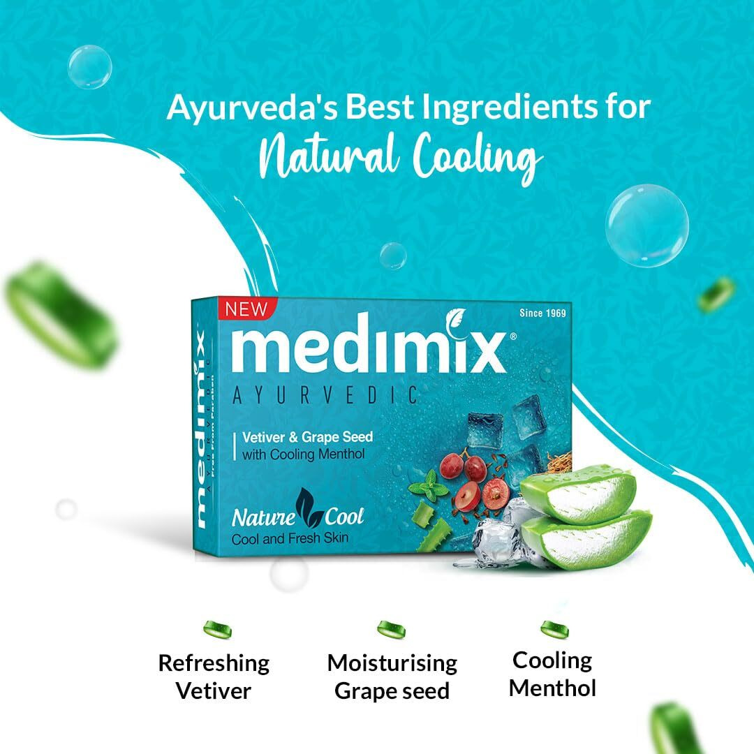 Medimix Ayurvedic Cool Bathing Soap With Menthol, Vetiver & Grape Seed 125Gm (Buy 4 And Get 1 Extra Combo Pack) | Shop Herbal | Natural | Paraben-Free & Sulphate-Free | 100% Vegan