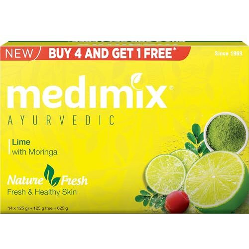 Medimix Ayurvedic Lime With Moringa Bathing Bar Soap 125G (Buy 4, Get 1 Extra Combo Pack) | Refreshed & Nourished Skin | Shop Herbal | Natural | Paraben-Free & Sulphate-Free | 100% Vegan