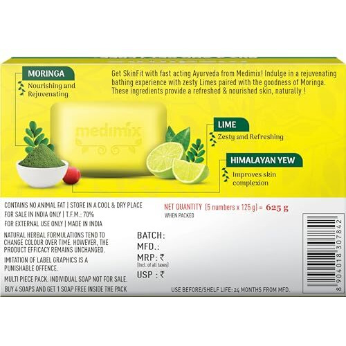 Medimix Ayurvedic Lime With Moringa Bathing Bar Soap 125G (Buy 4, Get 1 Extra Combo Pack) | Refreshed & Nourished Skin | Shop Herbal | Natural | Paraben-Free & Sulphate-Free | 100% Vegan