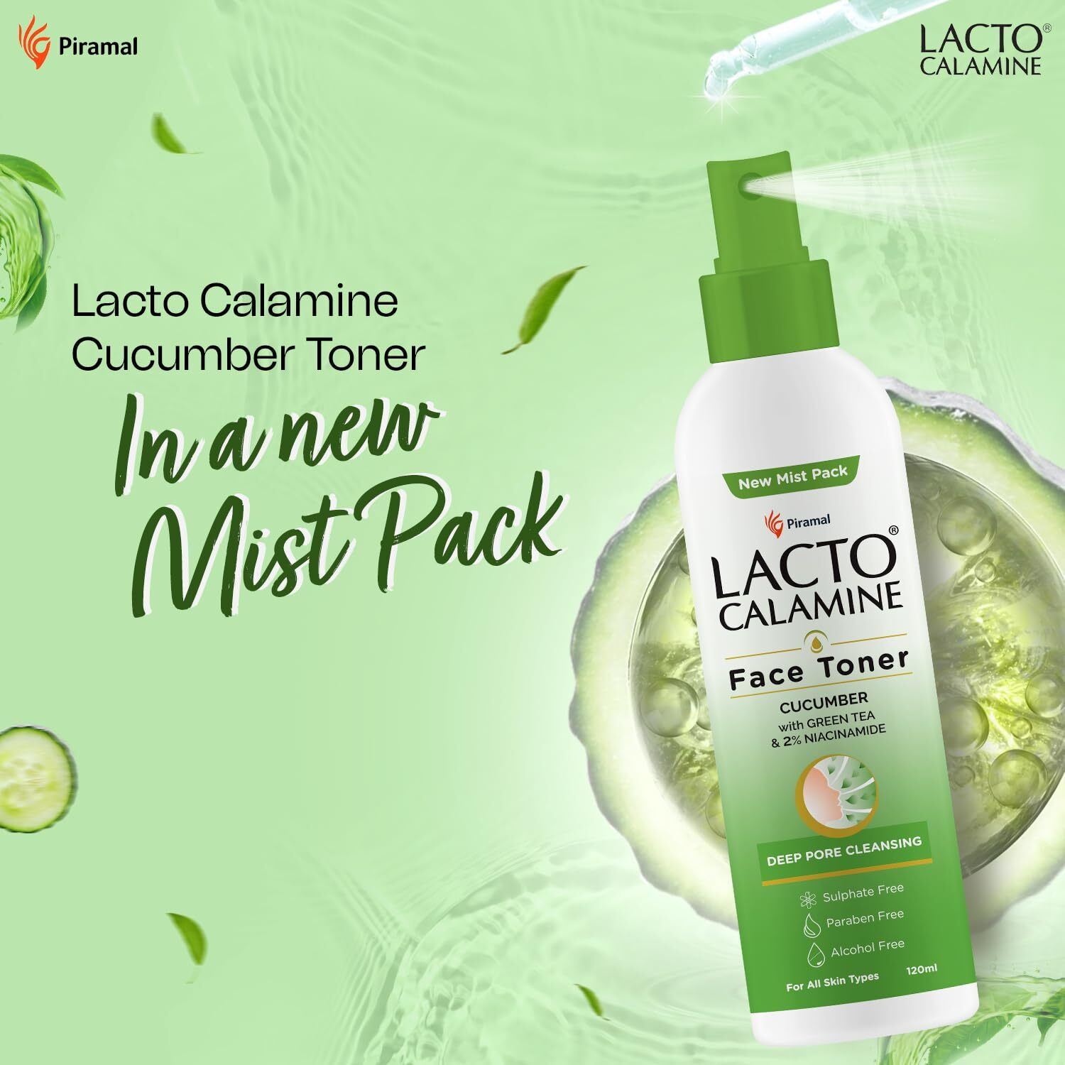 Lacto Calamine Face Toner With Cucumber | 120Ml | Deep Pore Cleansing | Open Pores Tightening With Green Tea & 2% Niacinamide For Cool & Hydrated Skin | No Sulphate, No Alcohol, No Parabens