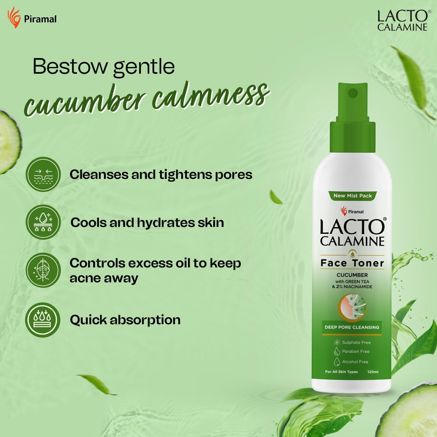 Lacto Calamine Face Toner With Cucumber | 120Ml | Deep Pore Cleansing | Open Pores Tightening With Green Tea & 2% Niacinamide For Cool & Hydrated Skin | No Sulphate, No Alcohol, No Parabens