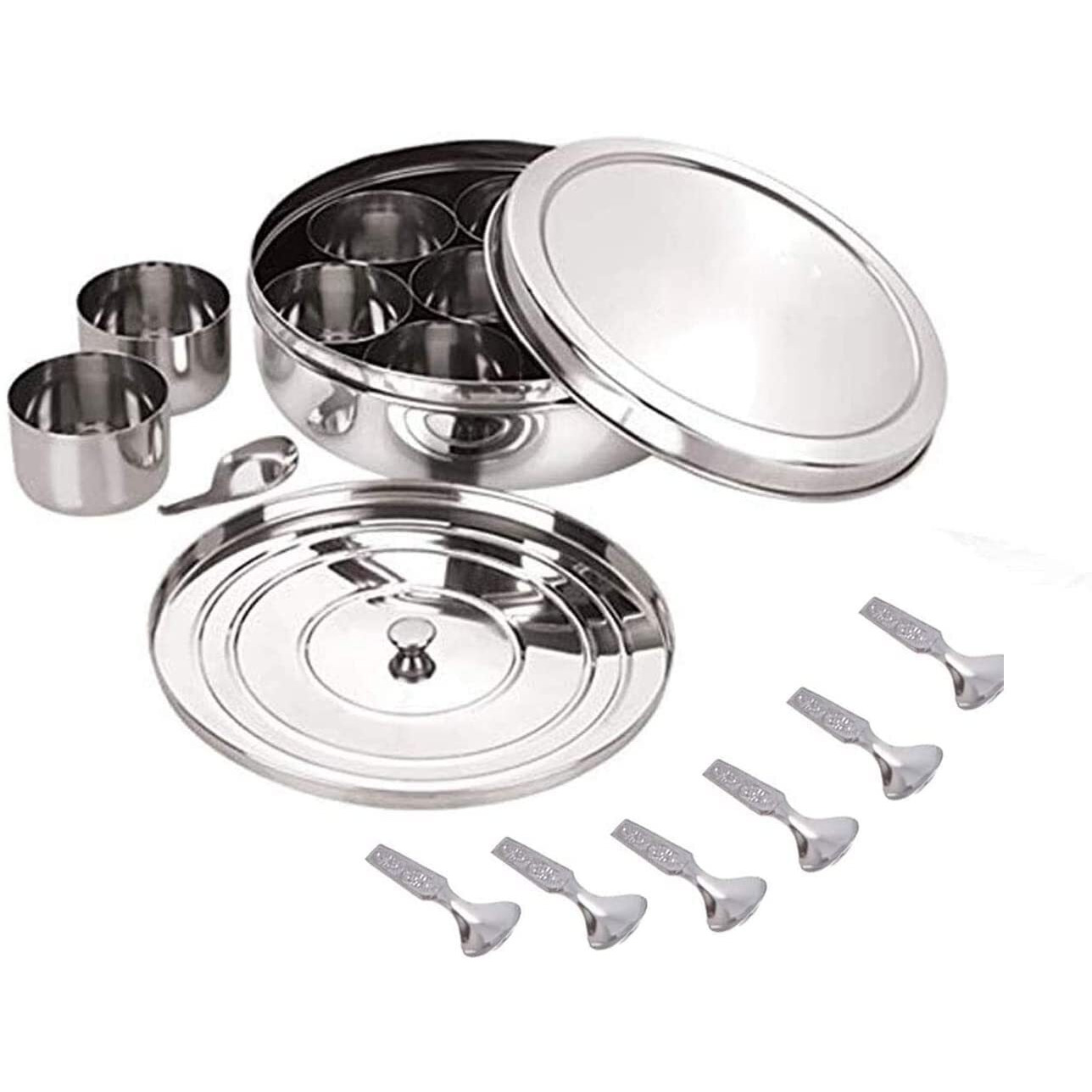 Neelam Stainless Steel Spice Box, Masala Dabba With Airtight Steel Lid, 7 Containers With 1 Spoon & 1 Steel Plate, Organize Spices, Durable & Elegant Kitchen Storage For Home Cooking, Silver, 2175 Ml