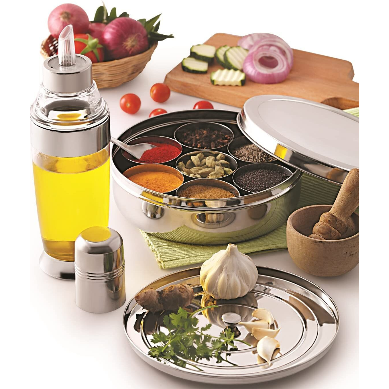 Neelam Stainless Steel Spice Box, Masala Dabba With Airtight Steel Lid, 7 Containers With 1 Spoon & 1 Steel Plate, Organize Spices, Durable & Elegant Kitchen Storage For Home Cooking, Silver, 2175 Ml
