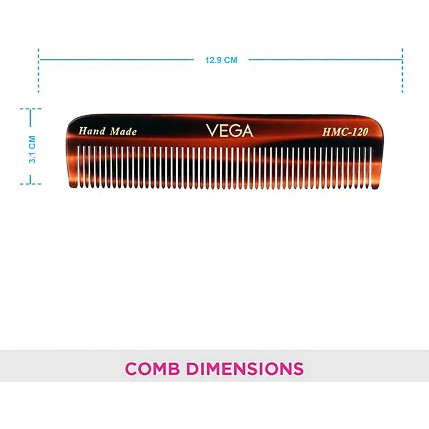 Vega Pocket Hair Comb,Handmade, (India's No.1* Hair Comb Brand) With Tortoise Shell All Fine Teeth For Men And Women, (Hmc-120)
