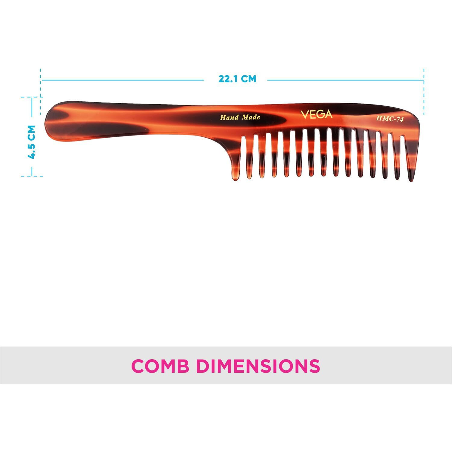 Vega Tortoise Shell Pattern Shampoo Hair Comb,Handmade, (India's No.1* Hair Comb Brand)For Men And Women, (Hmc-74)
